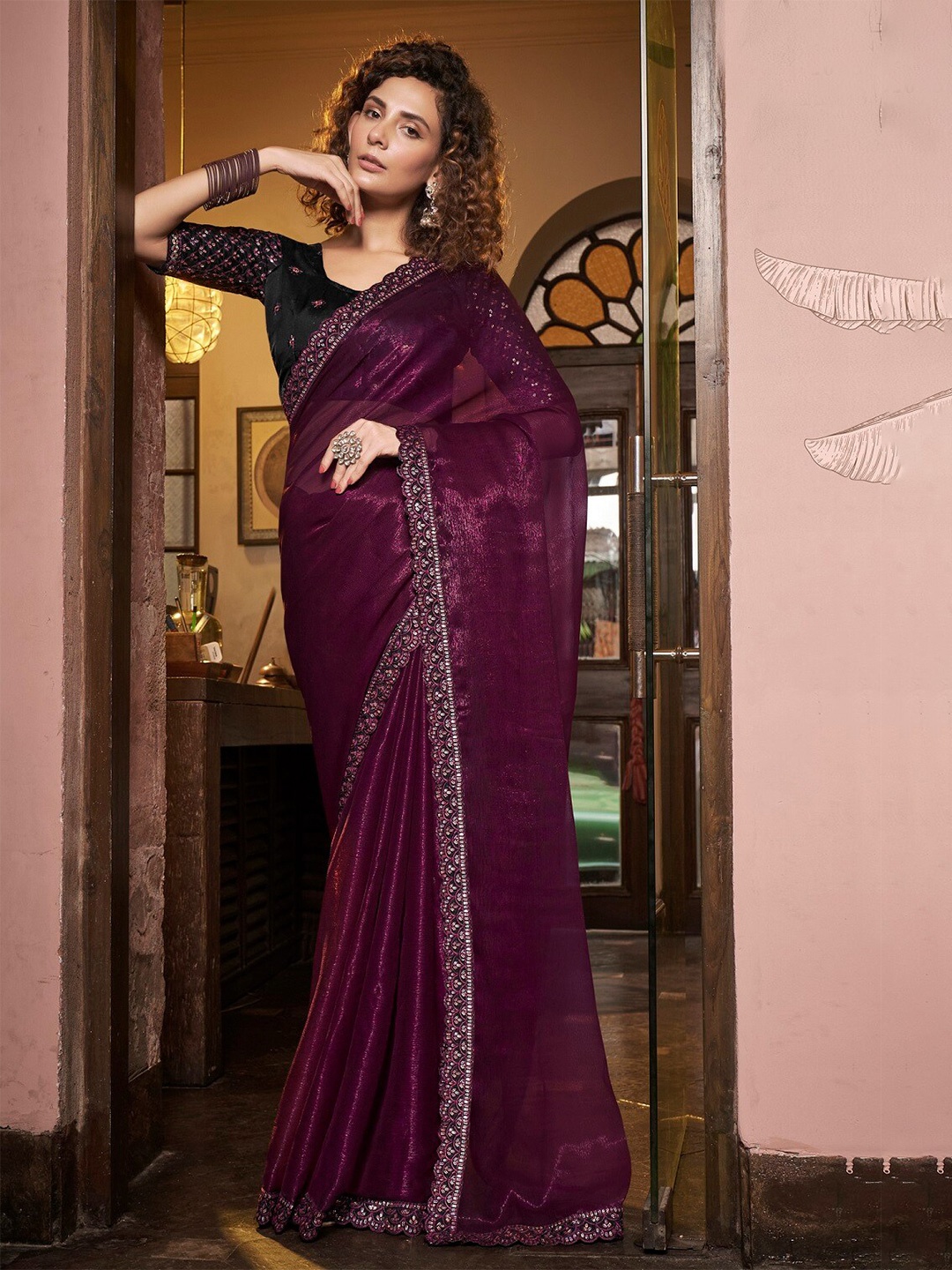 

Mitera Embroidered Border Detail Pure Chiffon Saree, Purple