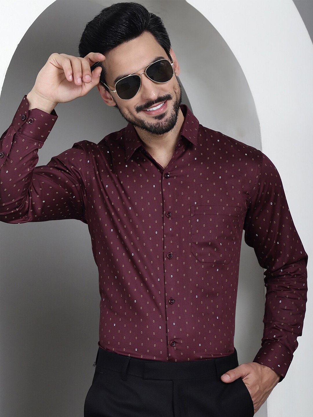 

JAINISH Classic Opaque Micro Ditsy Printed Pure Cotton Formal Shirt, Maroon