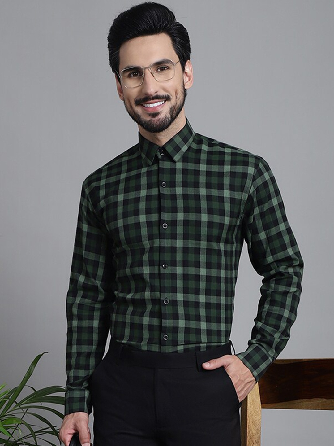 

JAINISH Classic Windowpane Checked Pure Cotton Formal Shirt, Green