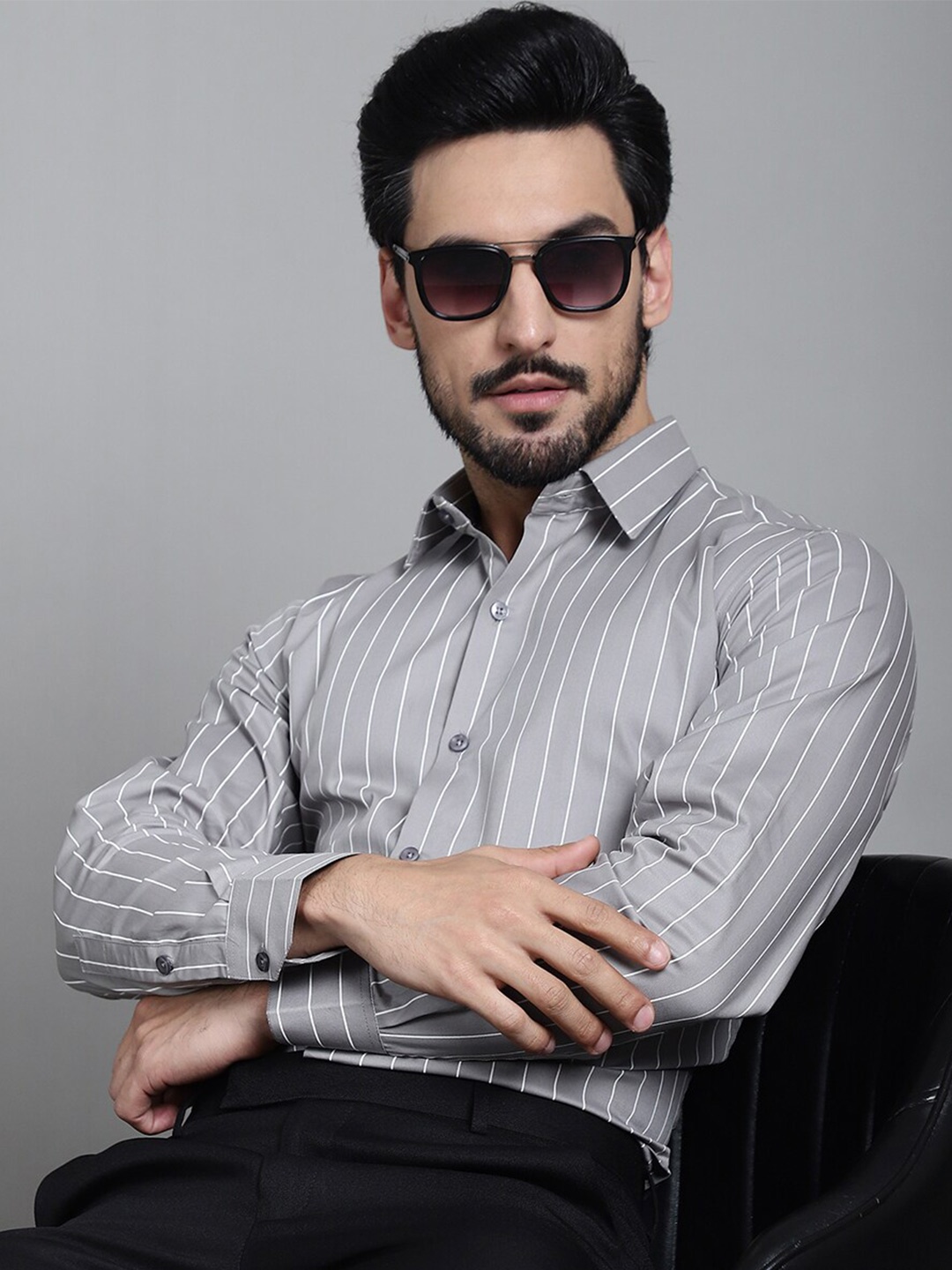 

JAINISH Striped Classic Cotton Formal Shirt, Grey