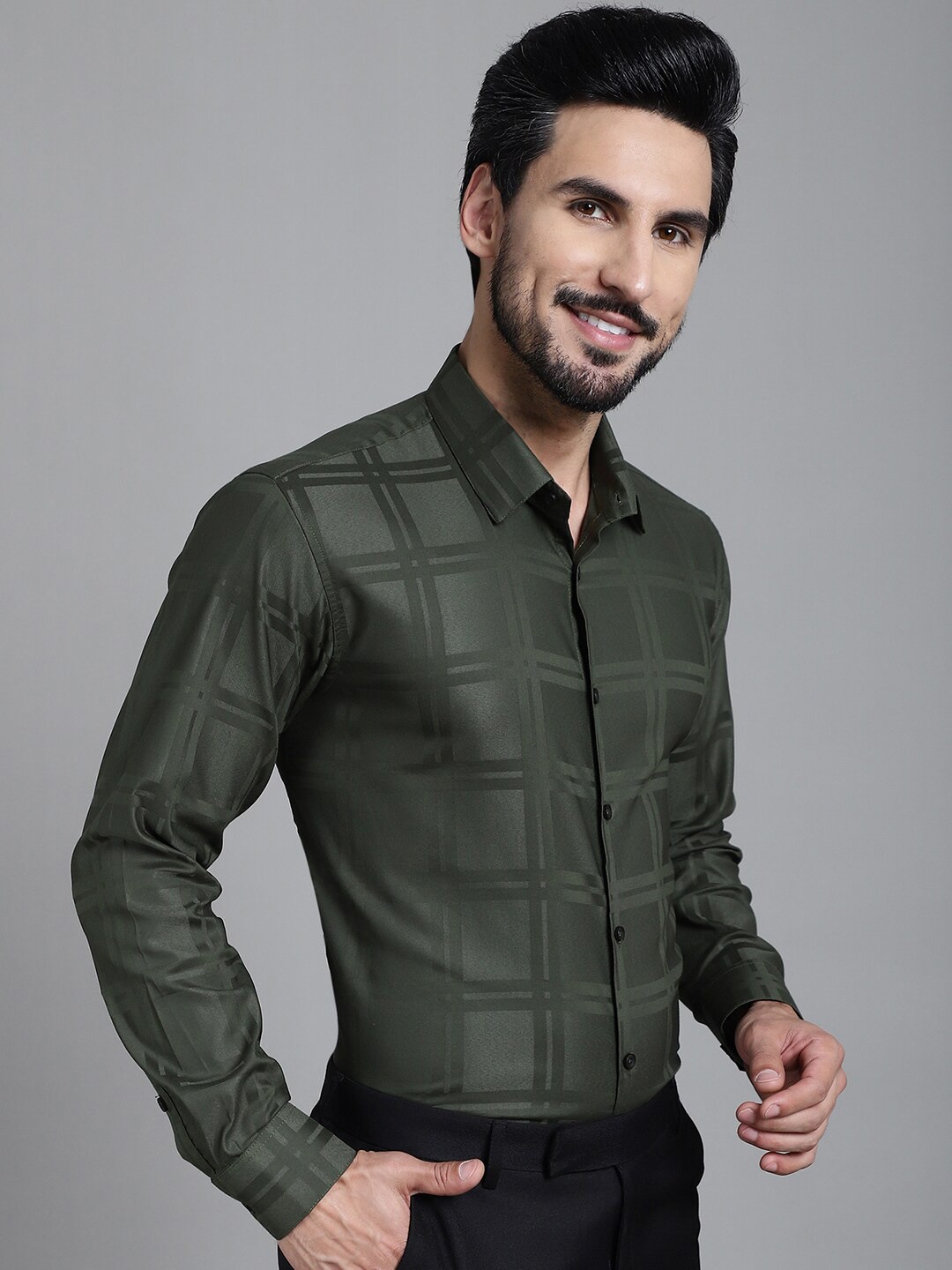 

JAINISH Classic Windowpane Checked Pure Cotton Formal Shirt, Olive