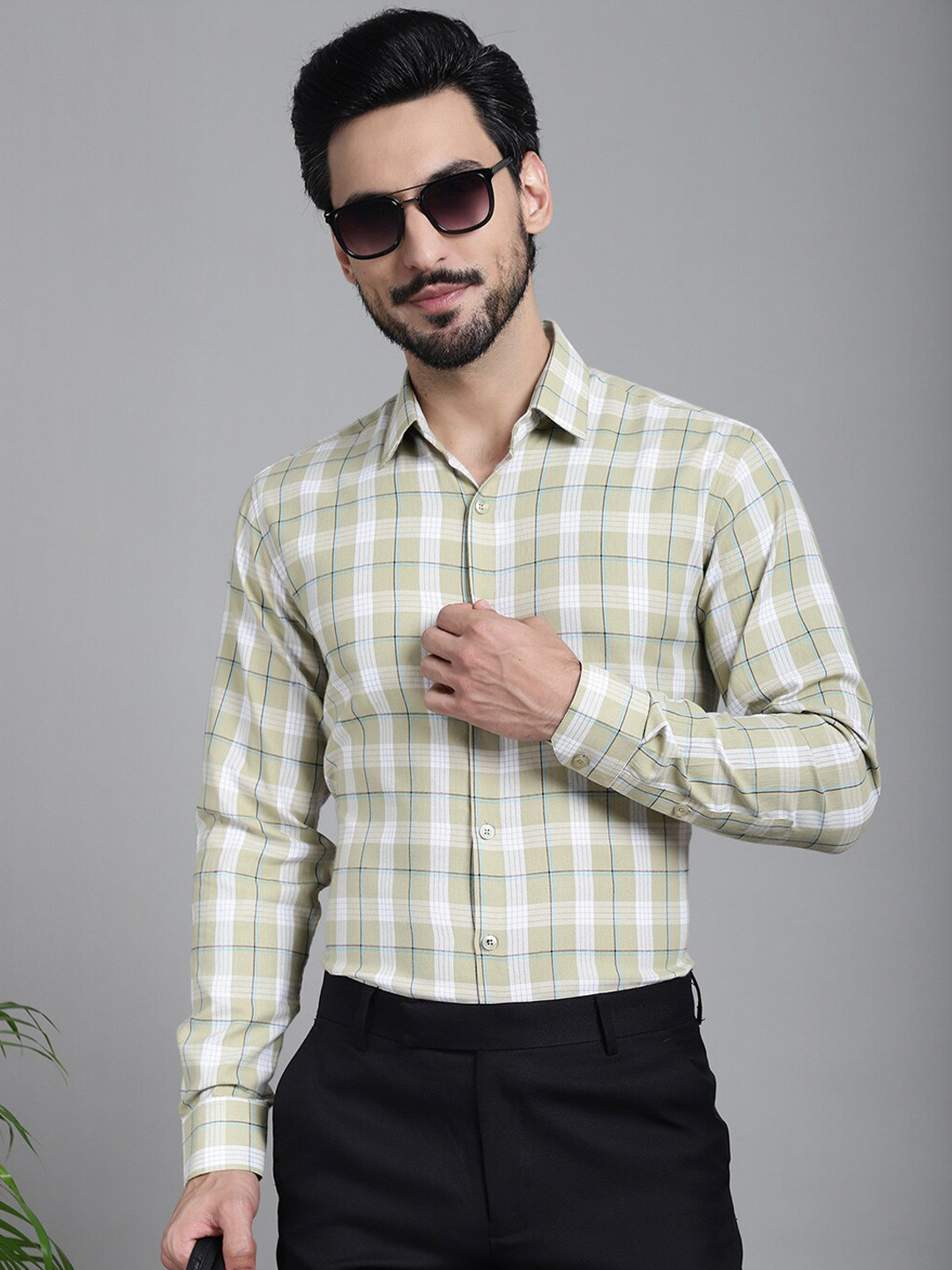 

JAINISH Classic Tartan Checks Pure Cotton Formal Shirt, Beige