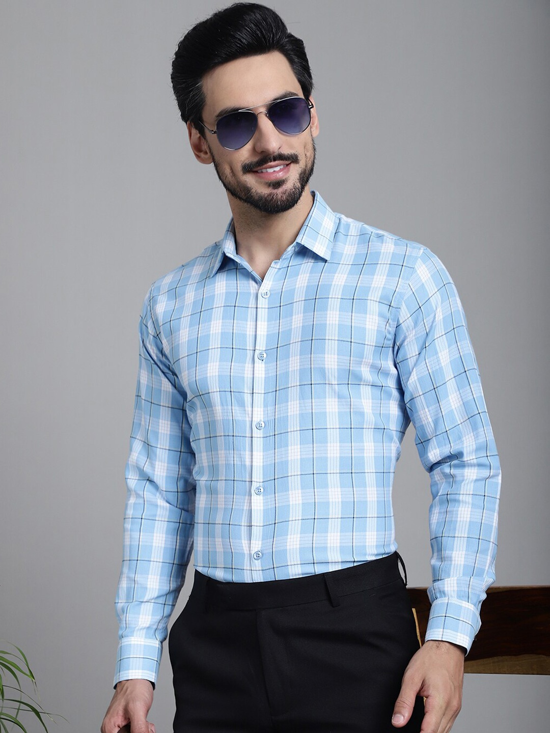 

JAINISH Checked Classic Cotton Formal Shirt, Blue