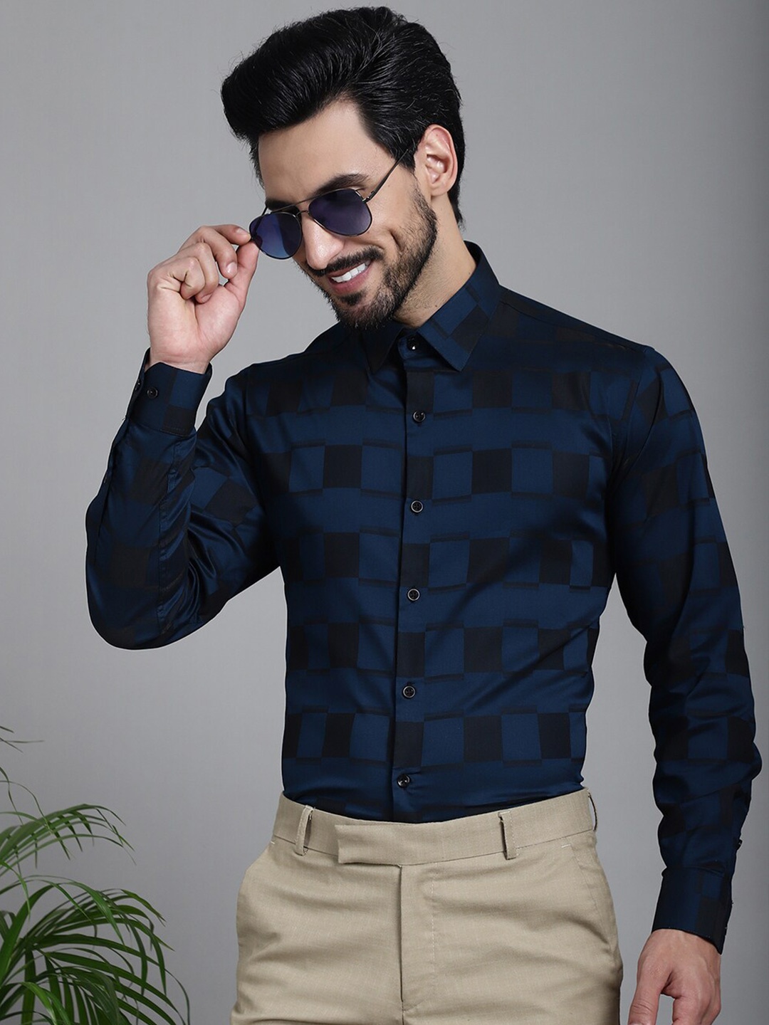 

JAINISH Classic Geometric Printed Pure Cotton Formal Shirt, Blue