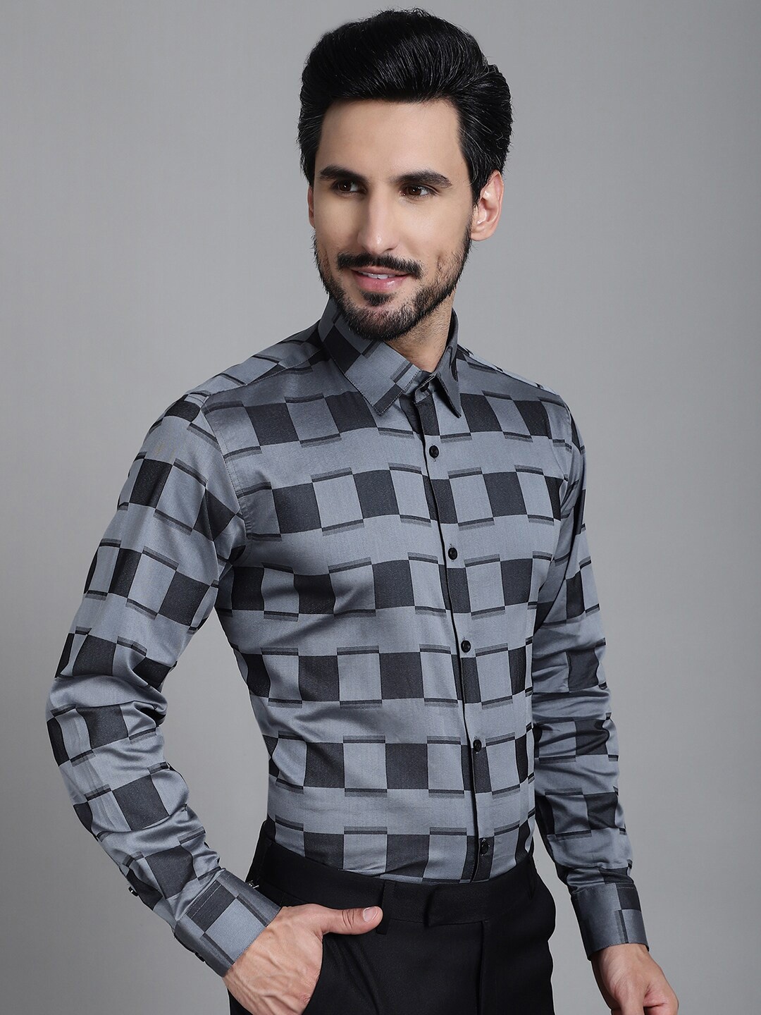 

JAINISH Classic Geometric Printed Cotton Formal Shirt, Grey