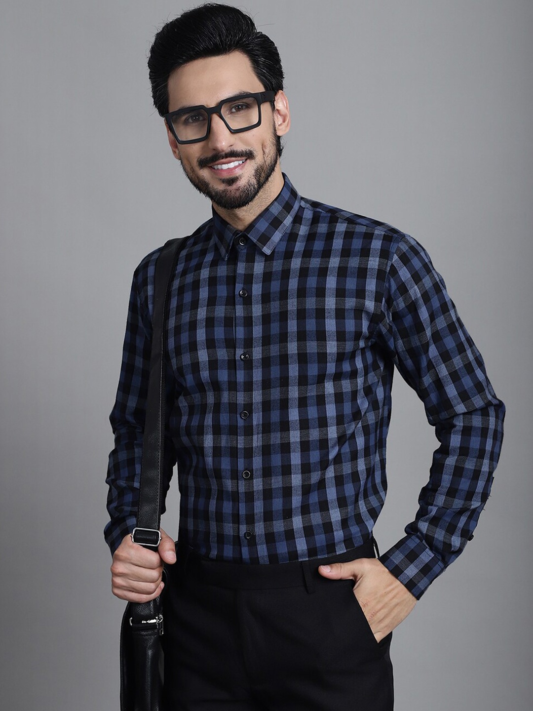 

JAINISH Classic Gingham Checks Pure Cotton Formal Shirt, Blue