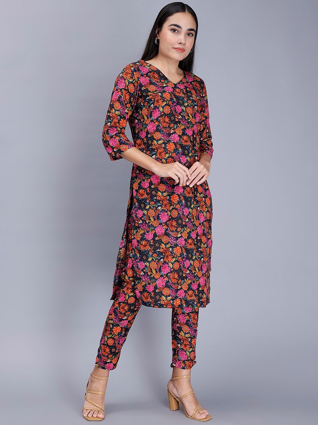 

soan Printed Straight Kurta With Trousers, Navy blue