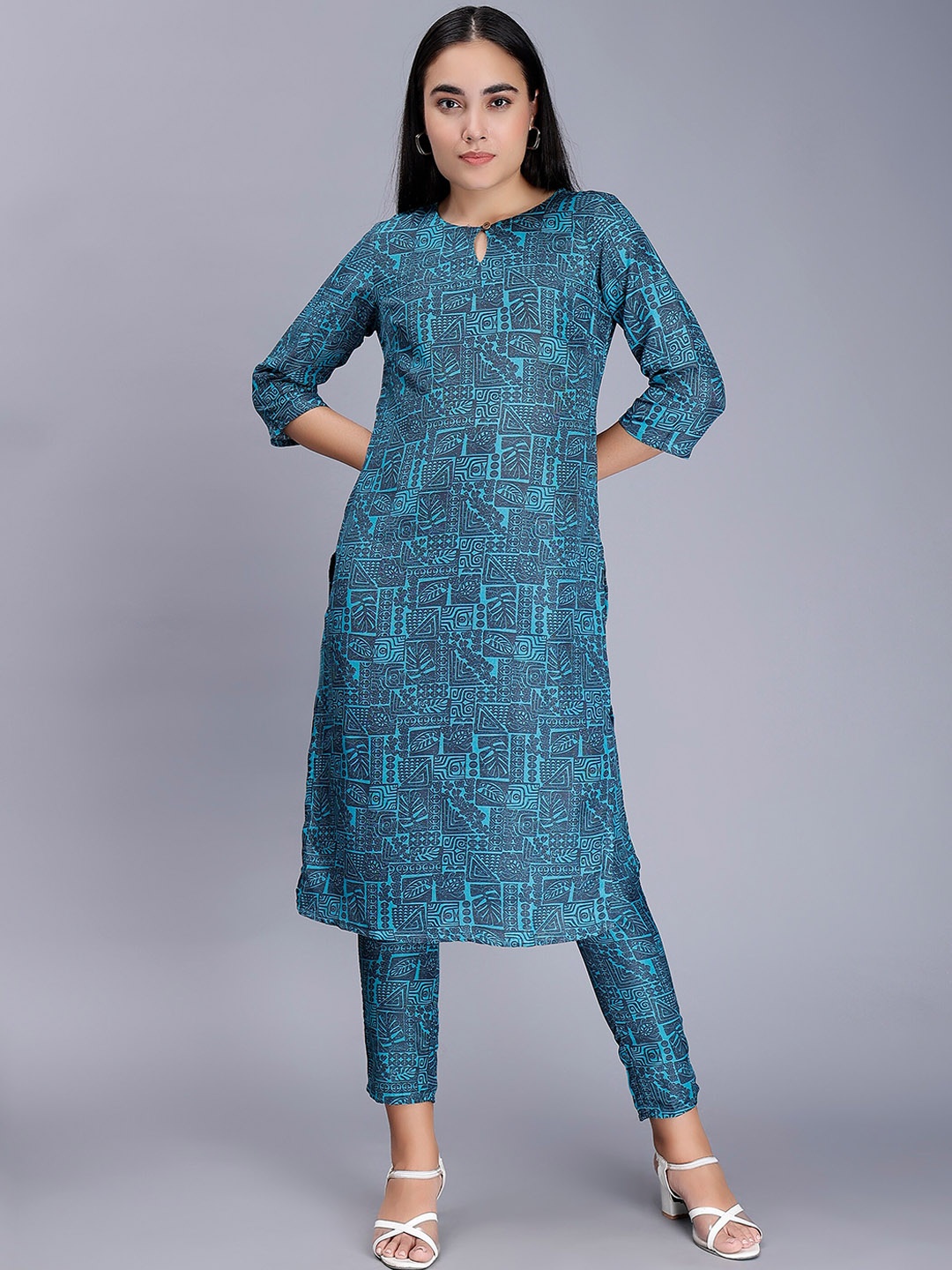 

soan Printed Straight Kurta With Trousers, Blue