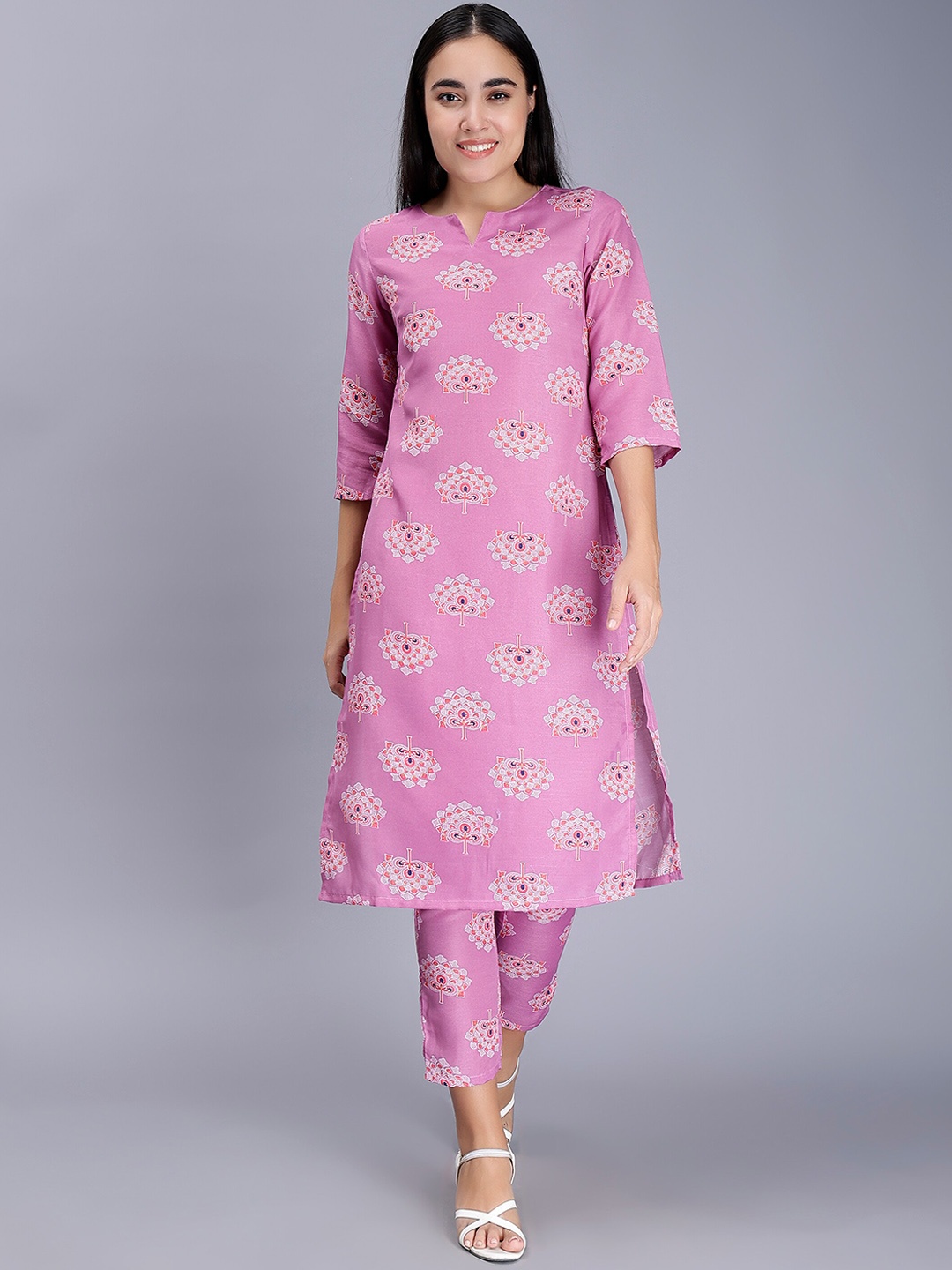 

soan Printed Straight Kurta With Trousers, Peach