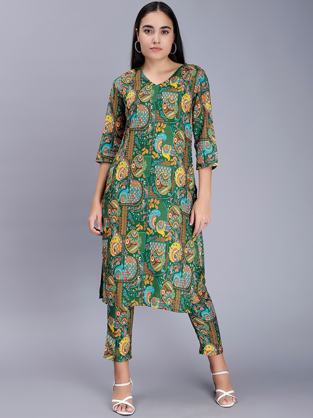 

soan Ethnic Motifs Printed Kurta & Trouser, Green