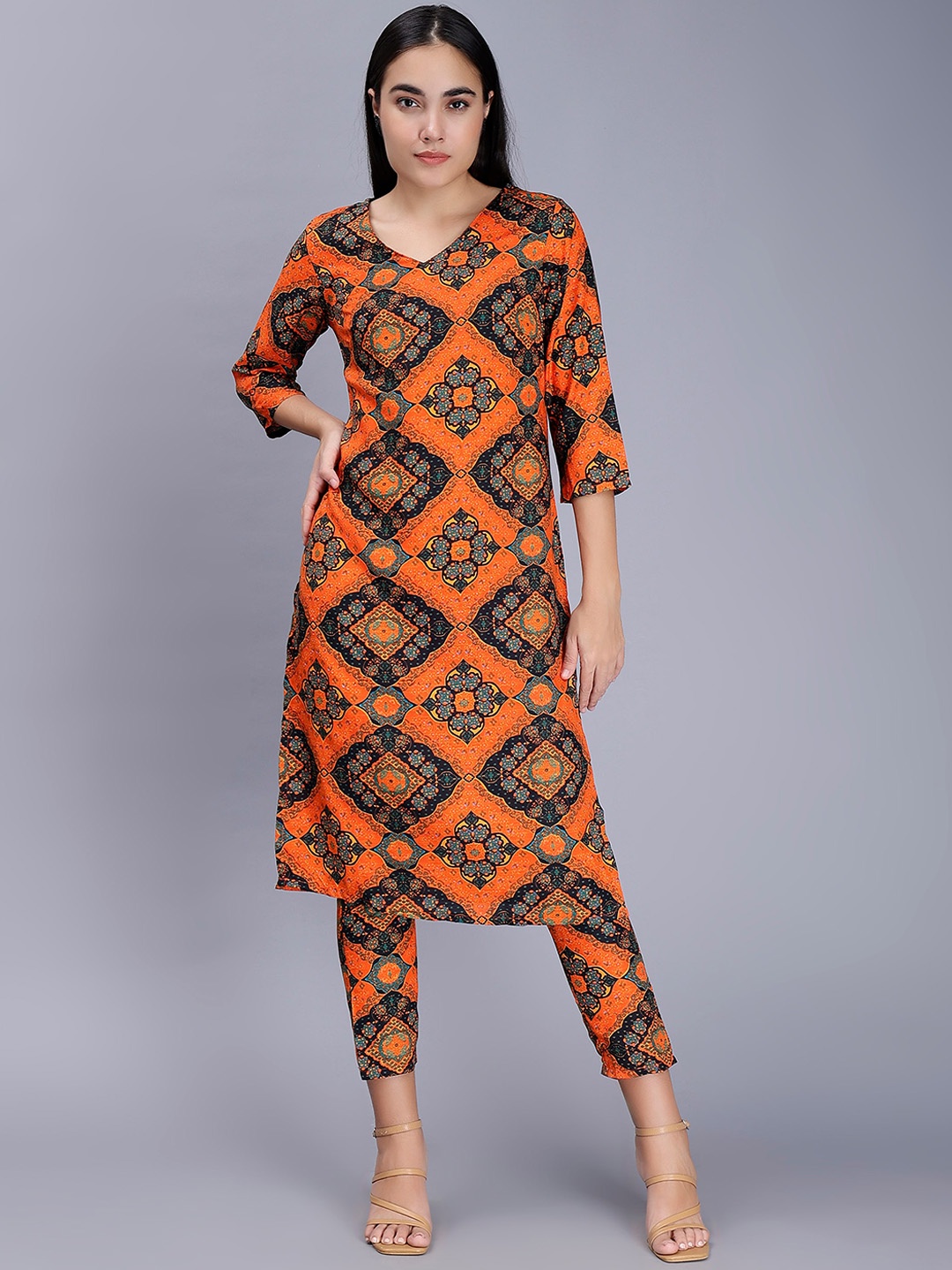 

soan Printed Straight Kurta With Trousers, Orange