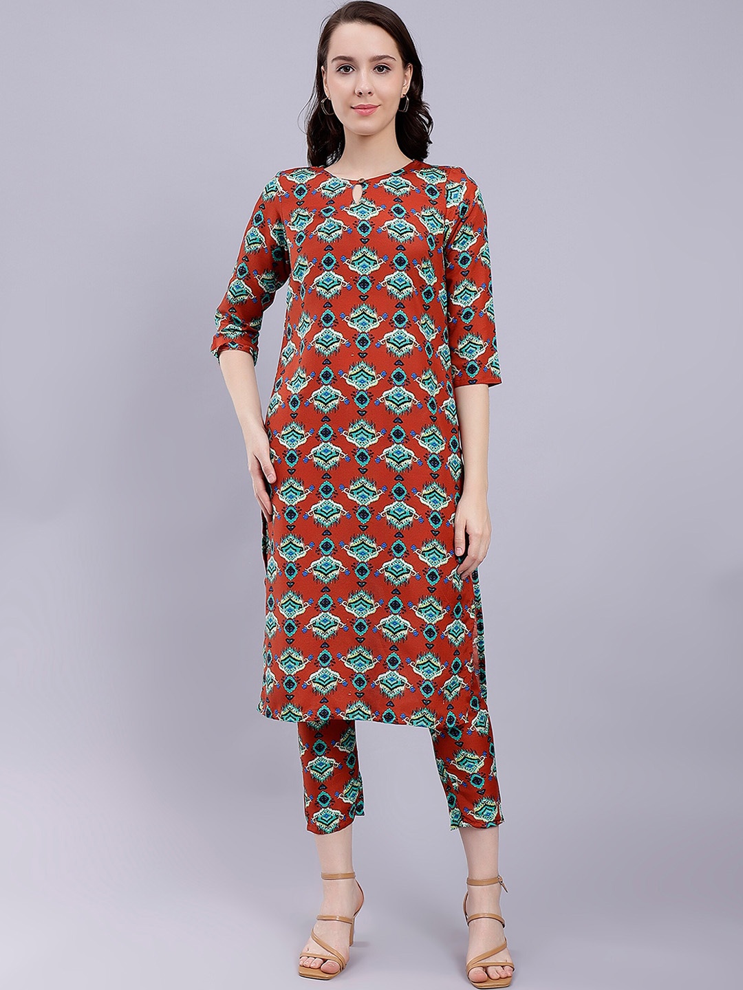 

soan Printed Straight Kurta With Trousers, Green