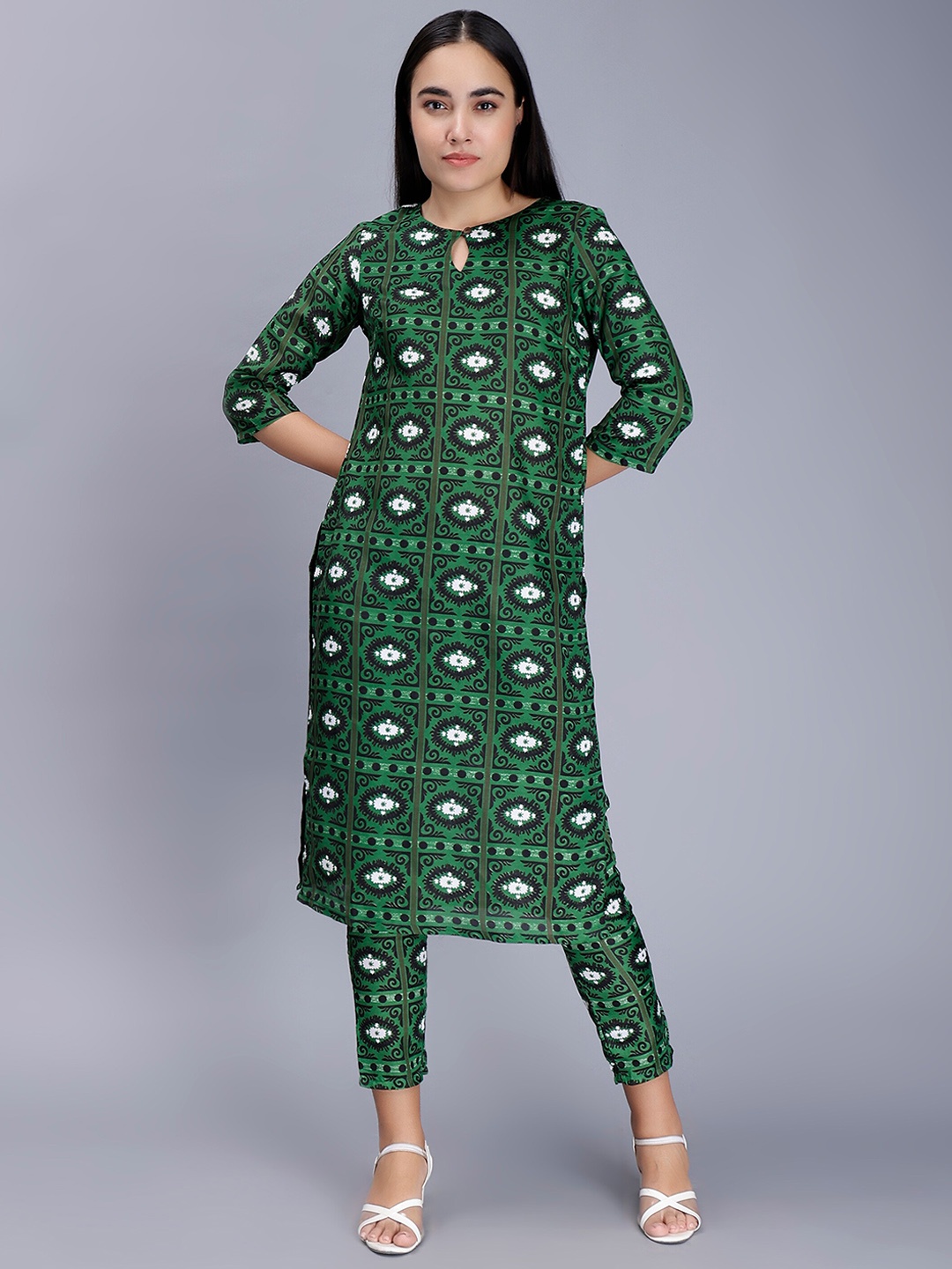 

soan Printed Straight Kurta With Trousers, Green