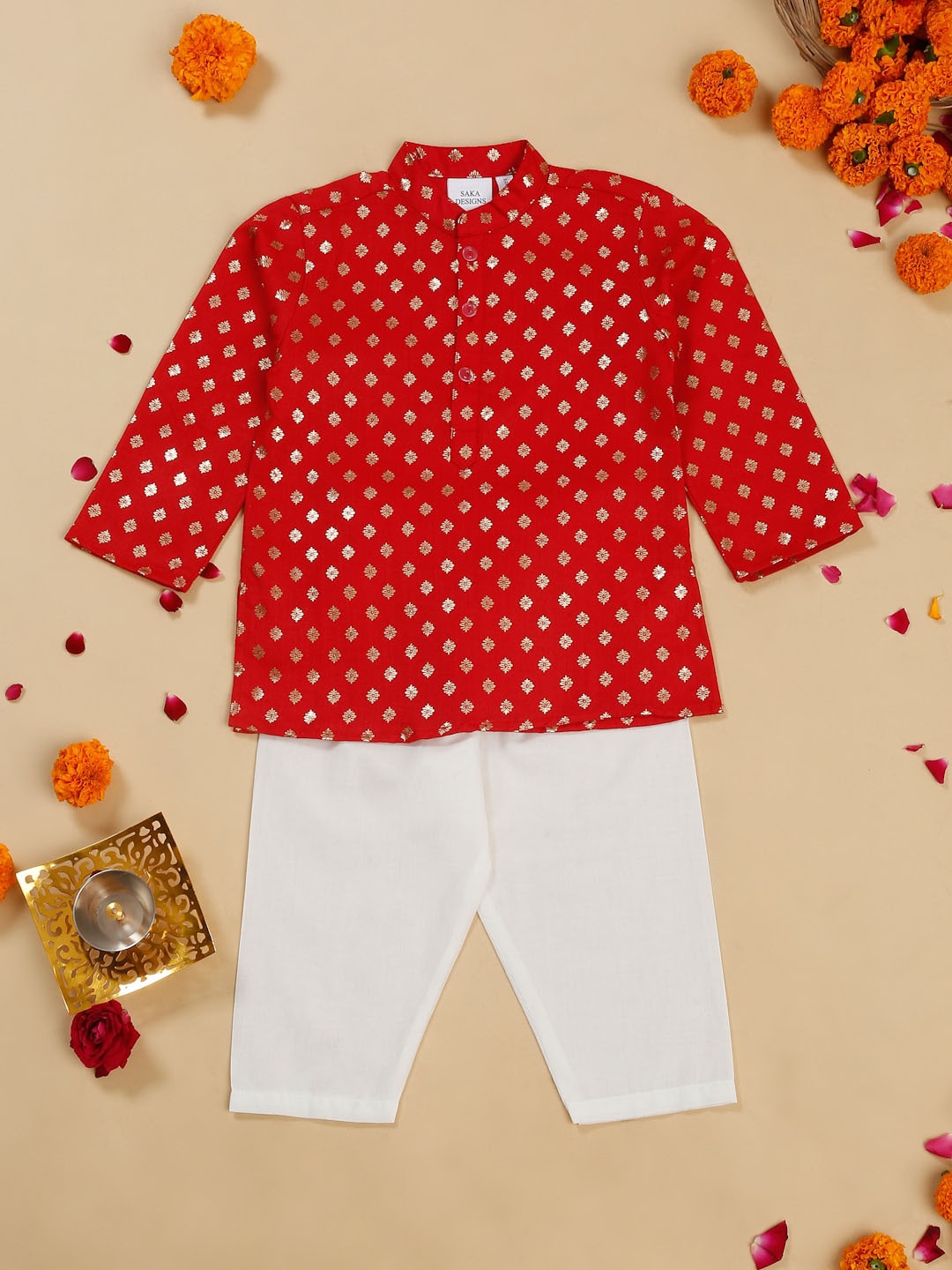 

SAKA DESIGNS Boys Floral Printed Regular Kurta With Pyjamas, Red