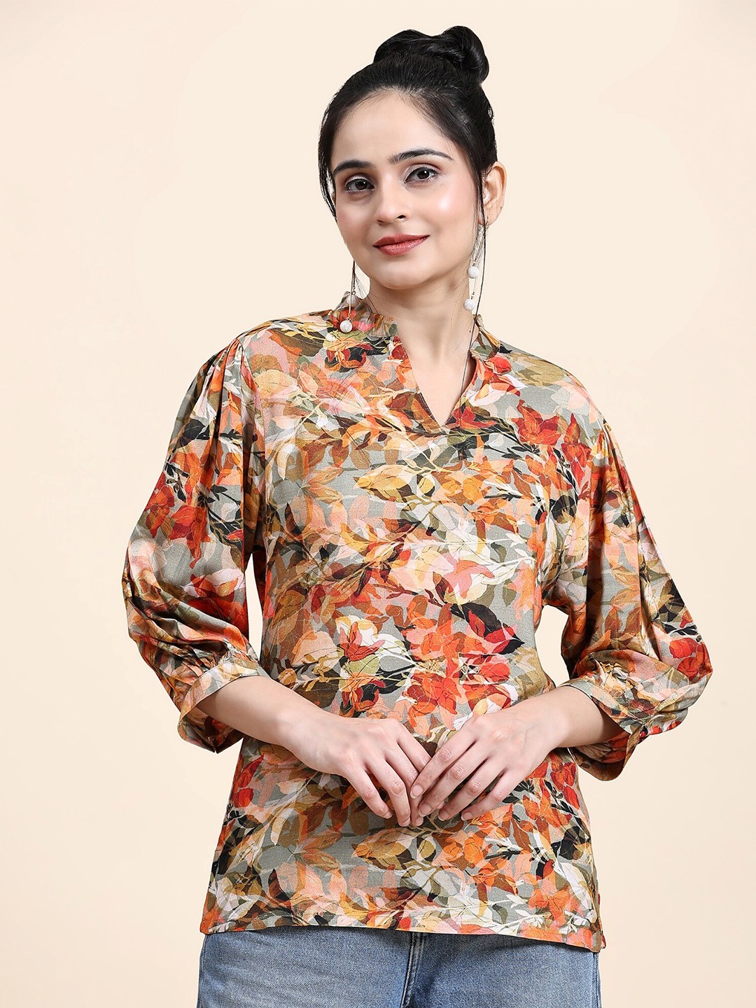 

RACHNA Floral Printed Cotton Top, Orange