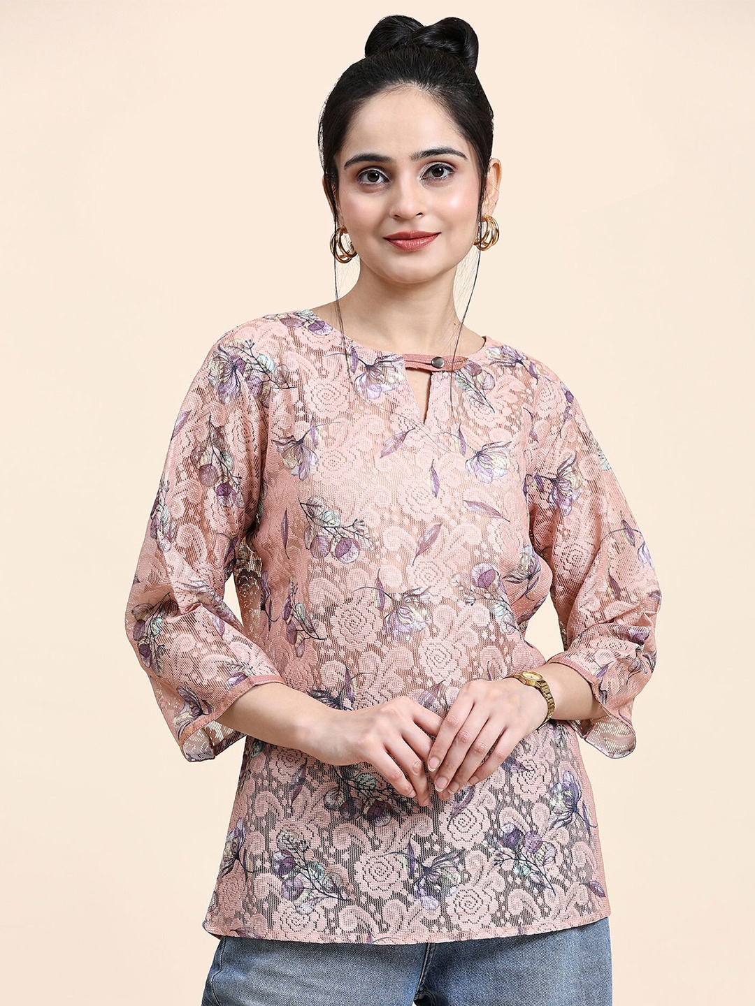 

RACHNA Floral Print Cotton Net Top, Pink