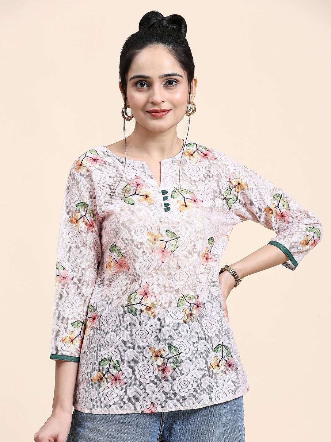 

RACHNA Floral Printed Cotton Net Top, Pink