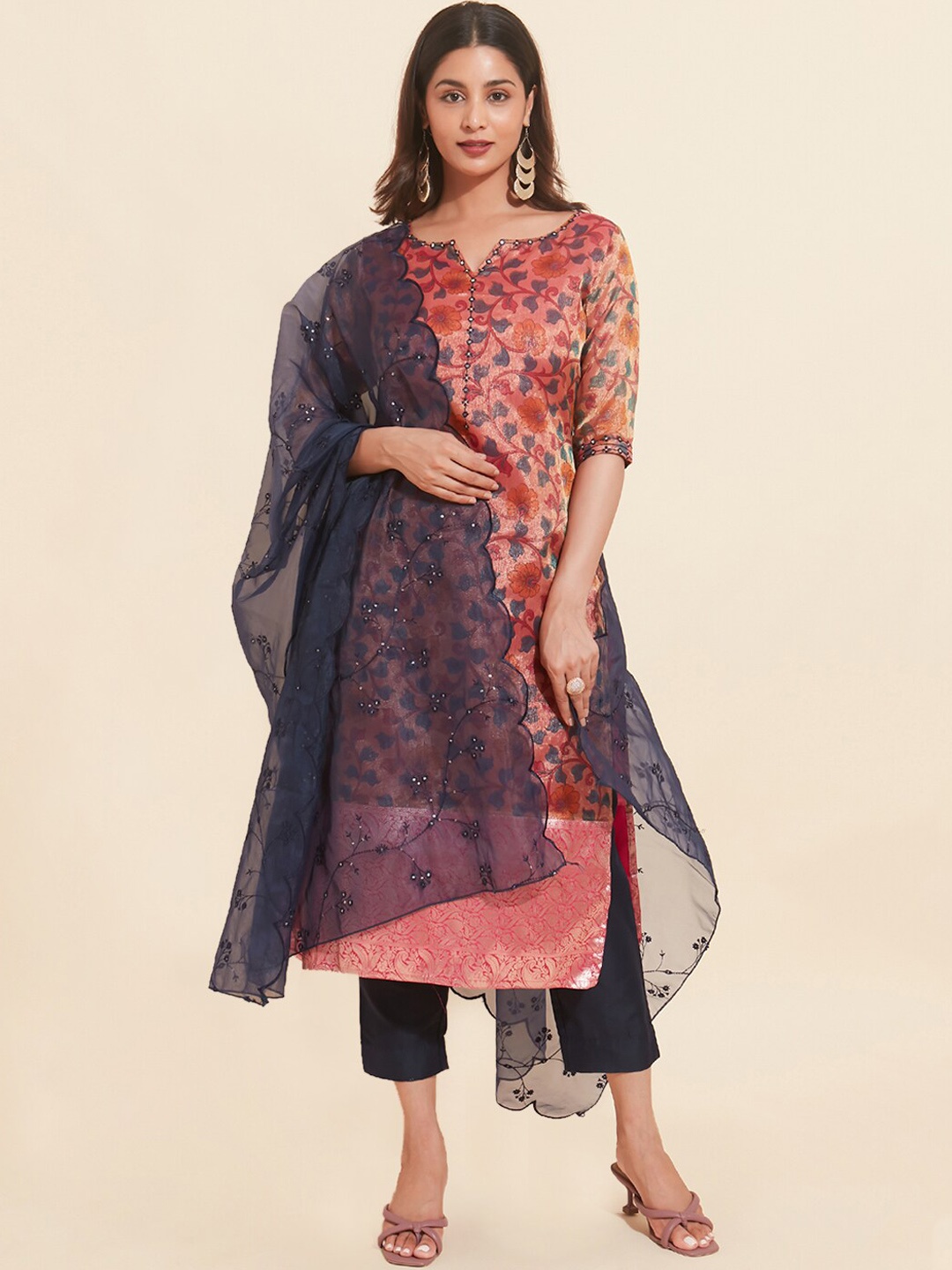 

Maybell Floral Printed Mirror Work Organza Kurta with Trousers & Dupatta, Pink