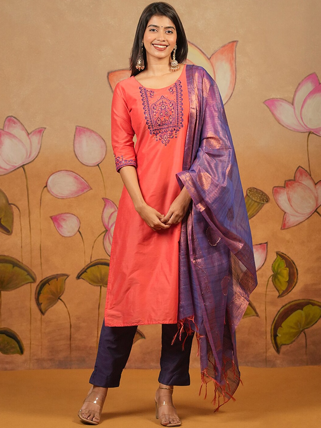 

Maybell Embroidered Mirror Work Kurta with Trousers & Dupatta, Peach