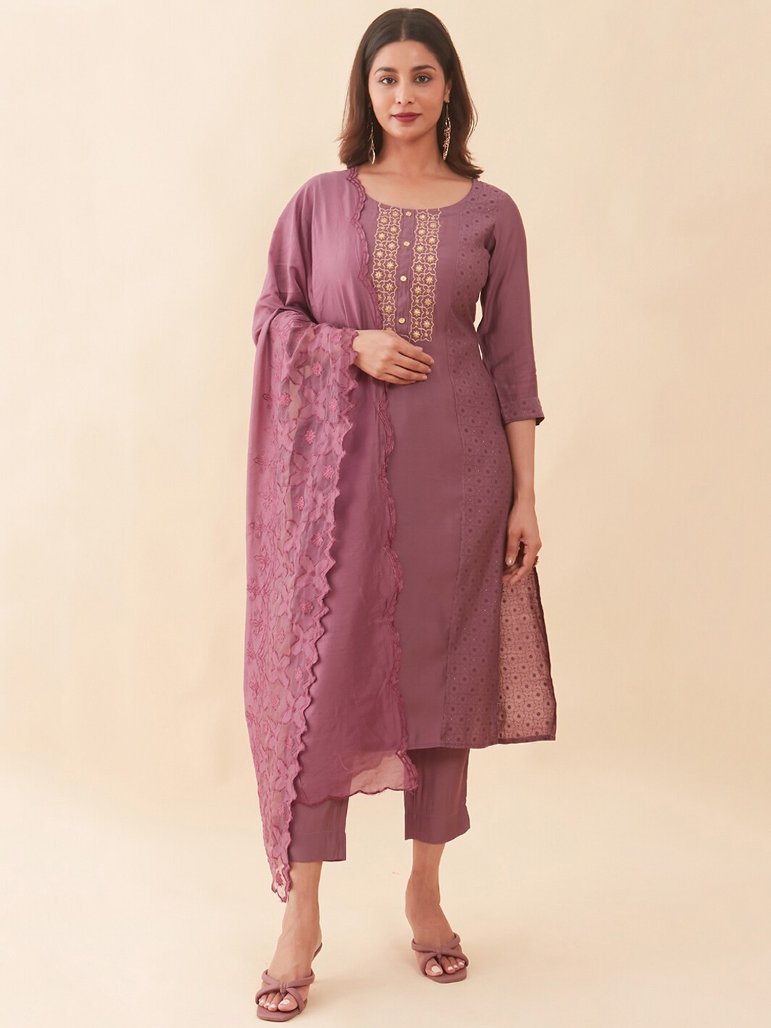 

Maybell Embroidered Mirror Work Kurta with Trousers & Dupatta, Purple