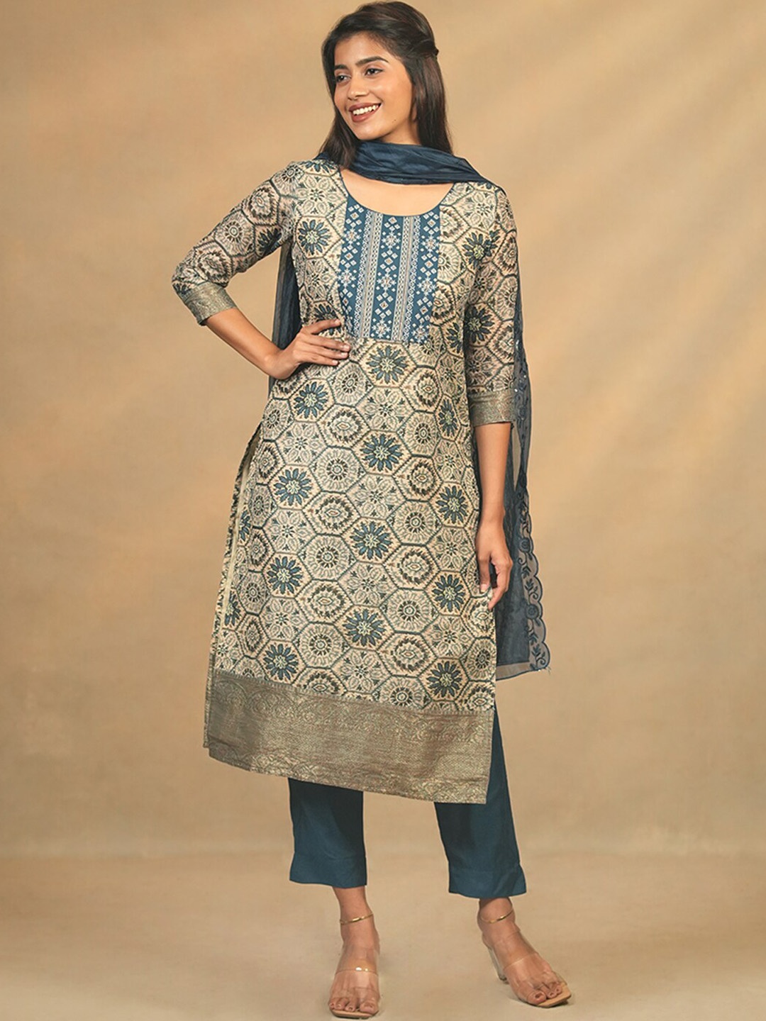 

Maybell Ethnic Motifs Printed Chanderi Silk Kurta with Trousers & Dupatta, Blue