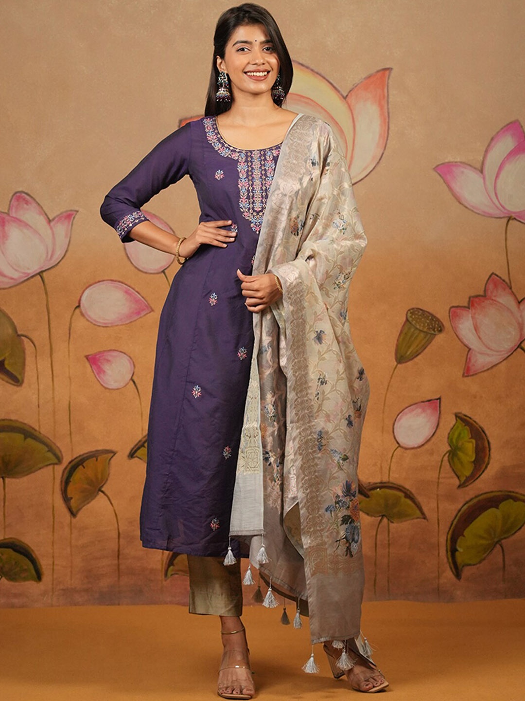 

Maybell Floral Embroidered Pure Silk Kurta With Trousers & Dupatta, Purple