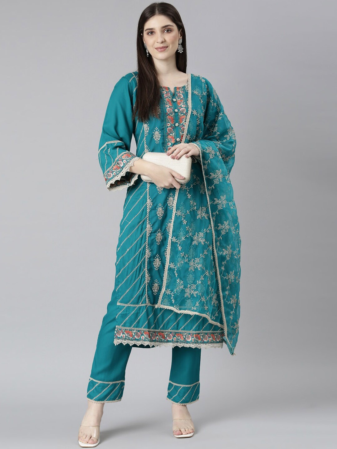 

Neerus Floral Embroidered Regular Thread Work Kurta with Trousers & Dupatta, Green