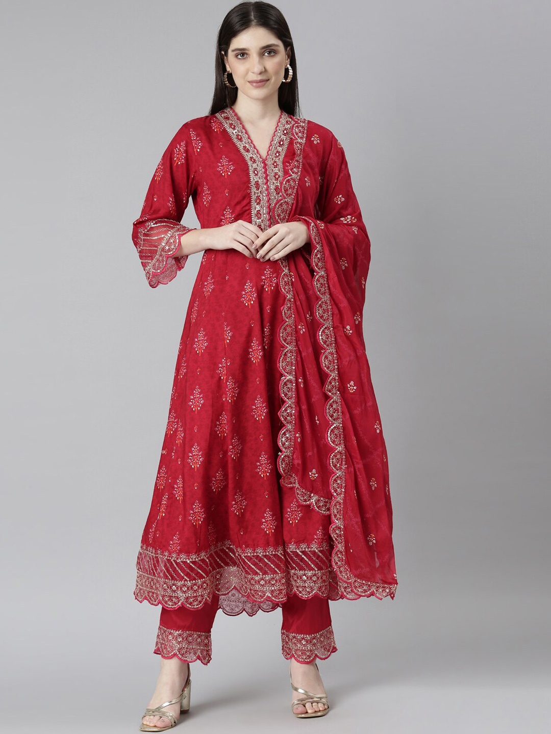 

Neerus Floral Printed Anarkali Mirror Work Kurta with Trousers & Dupatta, Red
