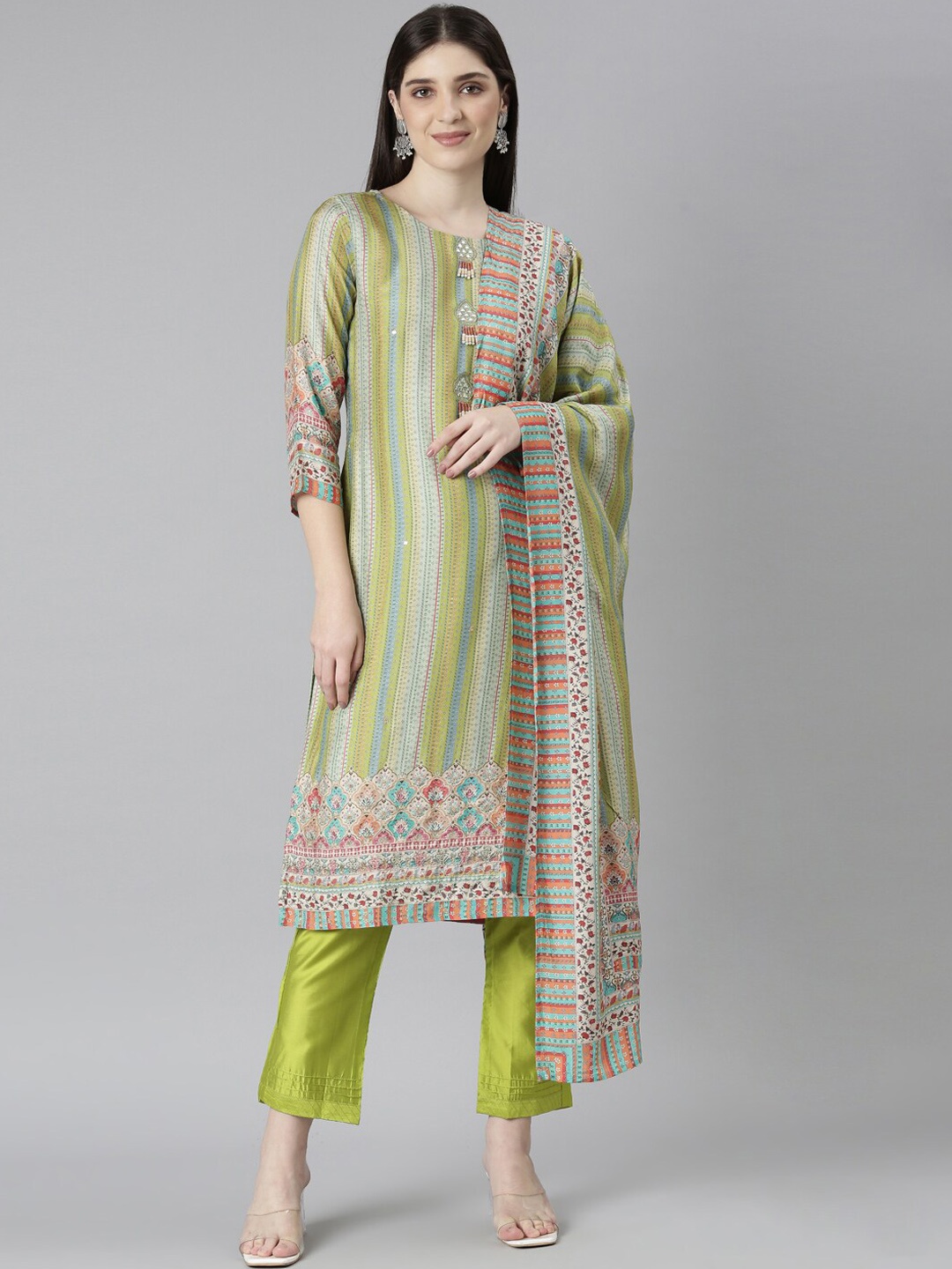 

Neerus Striped Regular Kurta With Trousers & Dupatta, Green