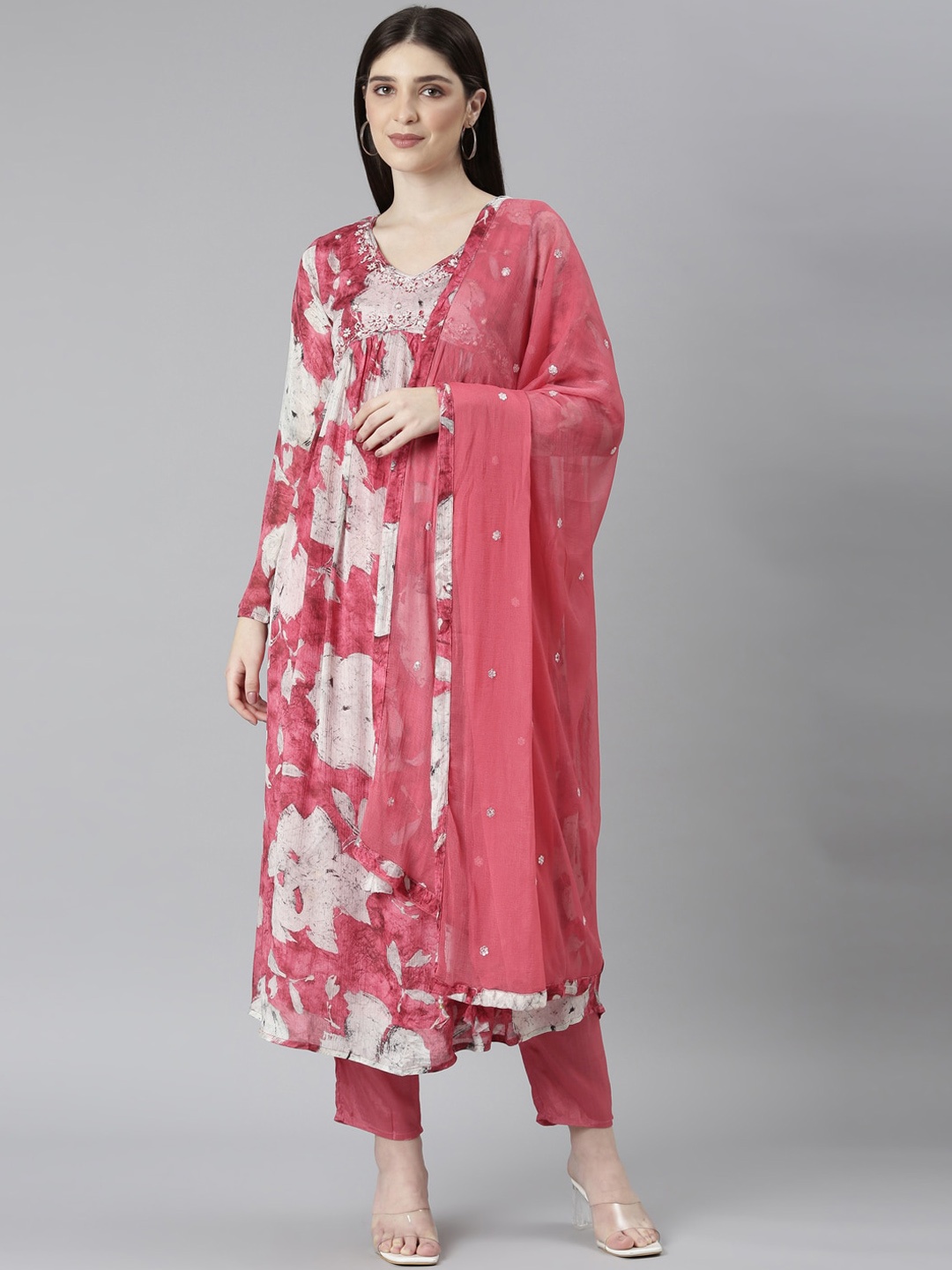 

Neerus Floral Printed V-Neck Beads and Stones Detail A-Line Kurta & Trousers With Dupatta, Coral