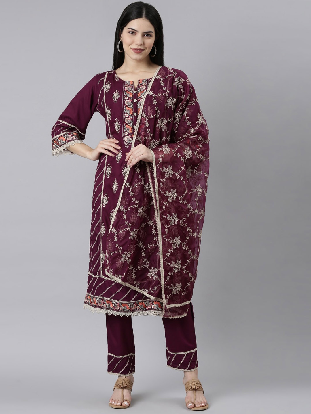 

Neerus Ethnic Motifs Embroidered Thread Work Straight Kurta & Trousers With Dupatta, Purple