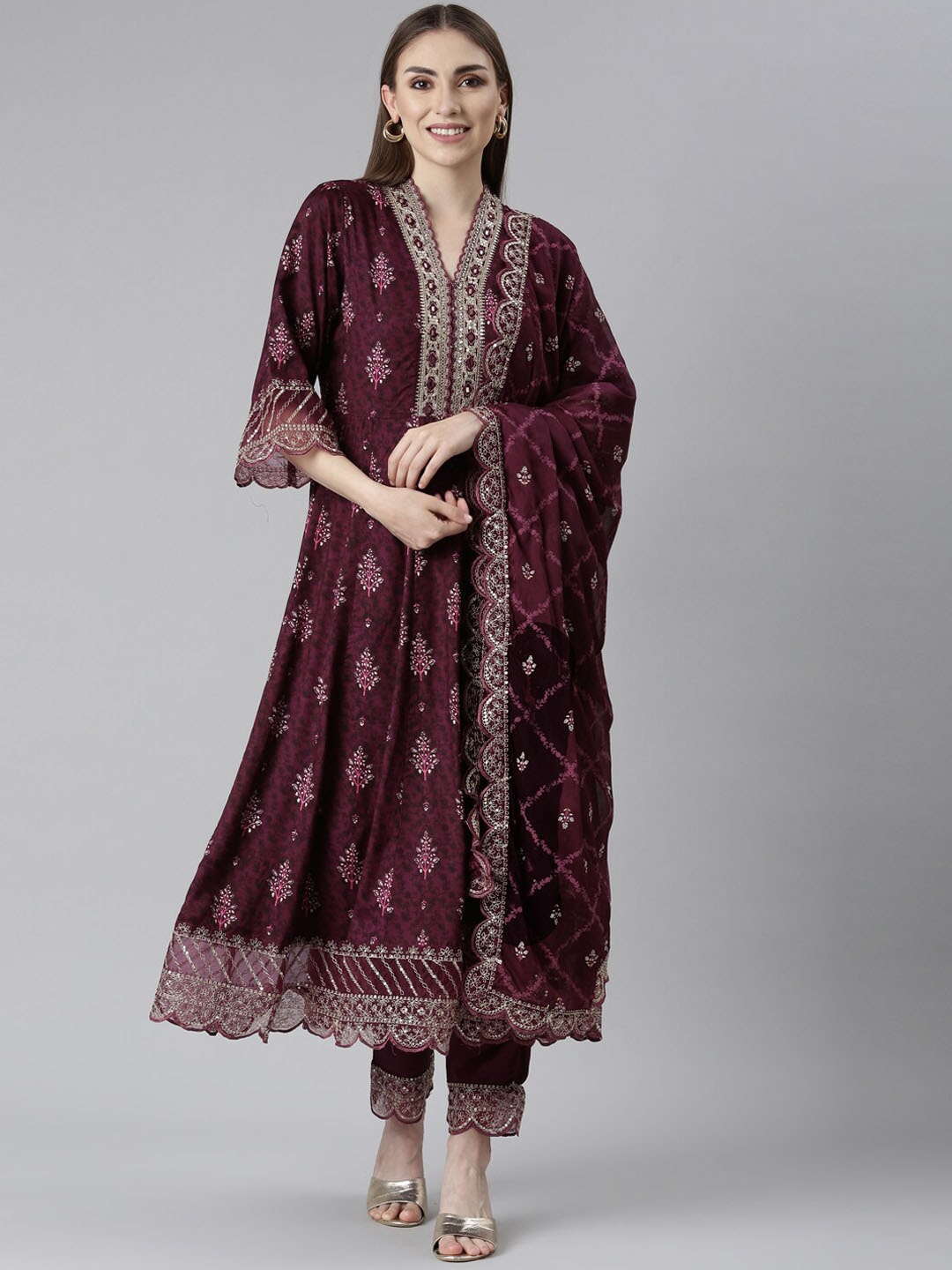 

Neerus Ethnic Motifs Printed Thread Work Anarkali Kurta & Trousers With Dupatta, Purple