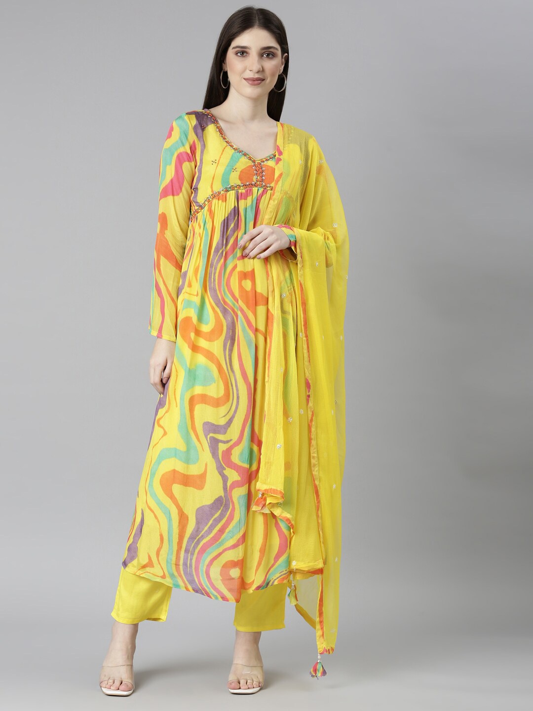 

Neerus Abstract Printed Beads and Stones Kurta & Trousers With Dupatta, Yellow