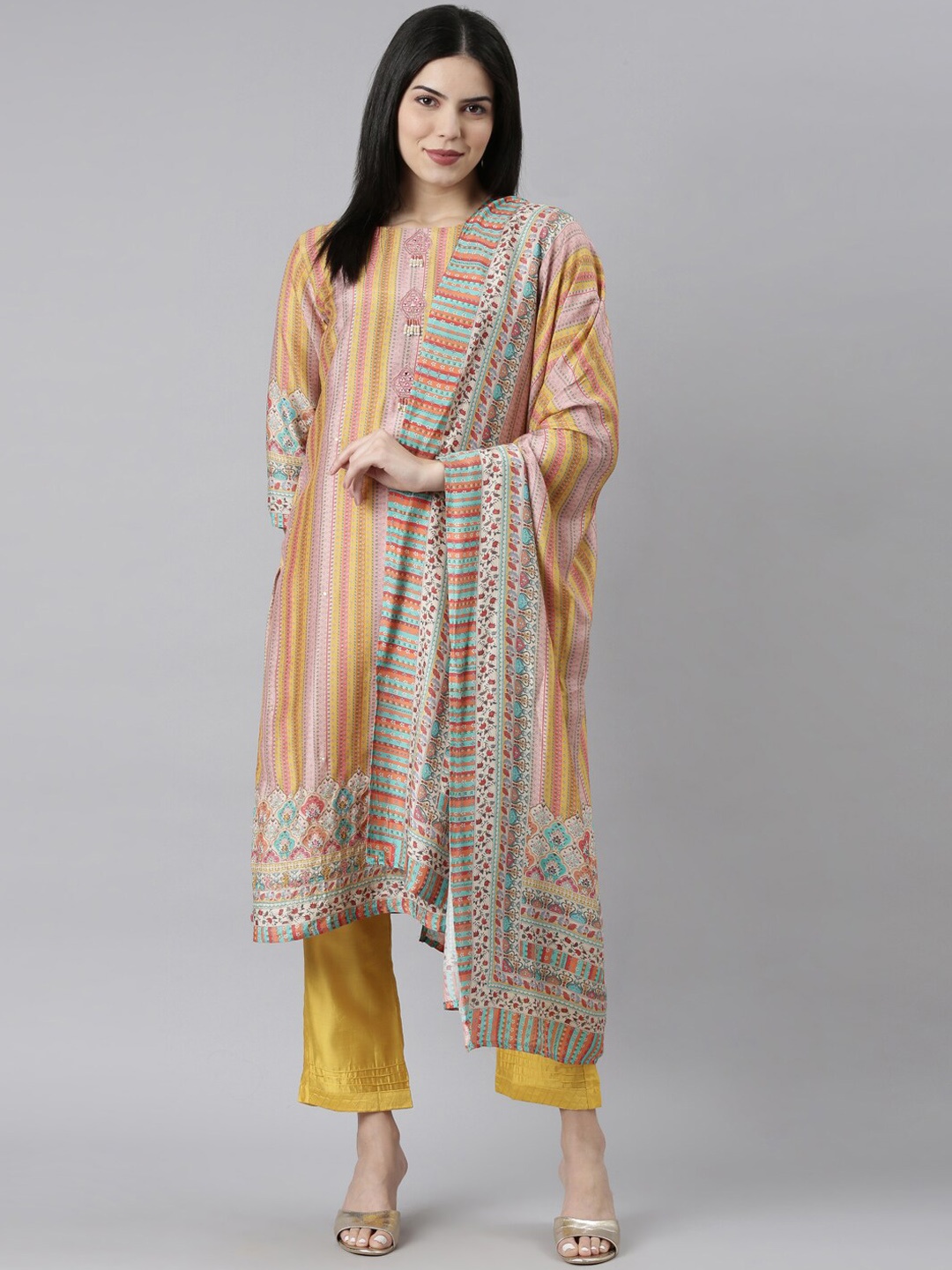 

Neerus Striped Three-Quarter Sleeve Regular Kurta With Trousers & Dupatta, Mustard