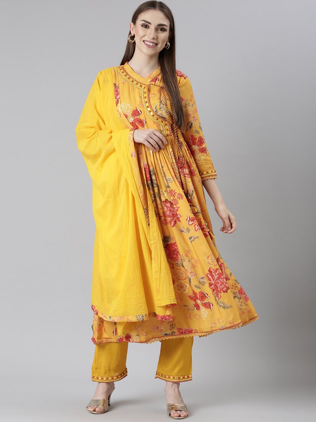 

Neerus Floral Printed Angrakha Kurta With Trousers & Dupatta, Mustard