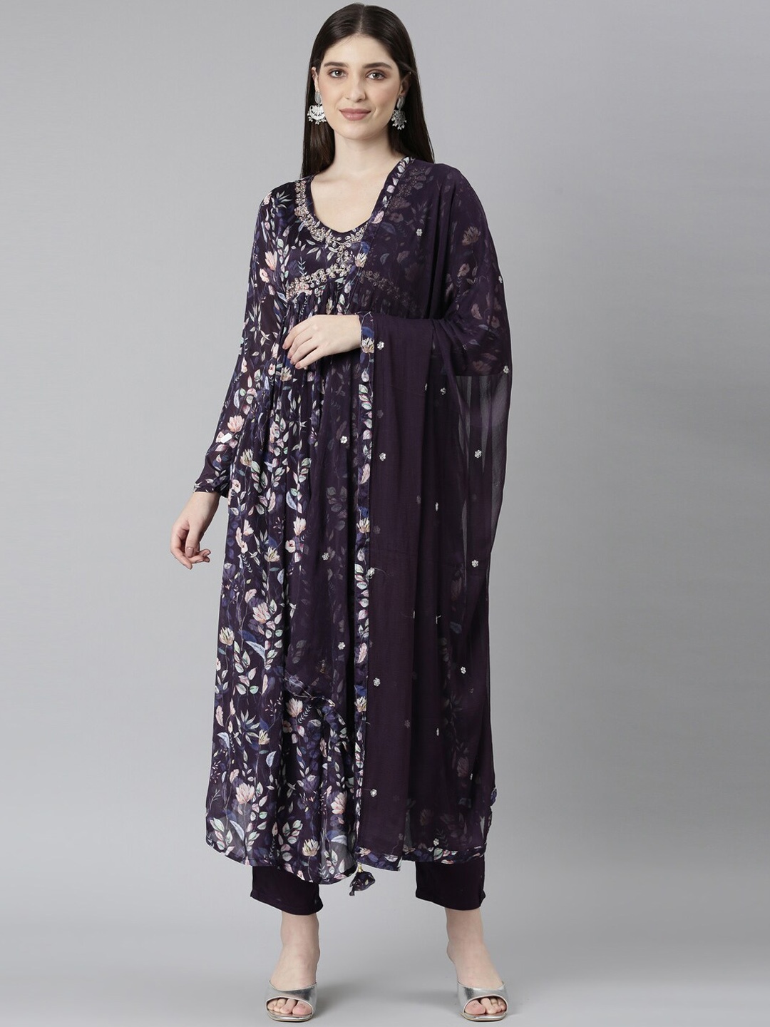 

Neerus Floral Printed Kurta With Trousers & Dupatta, Navy blue