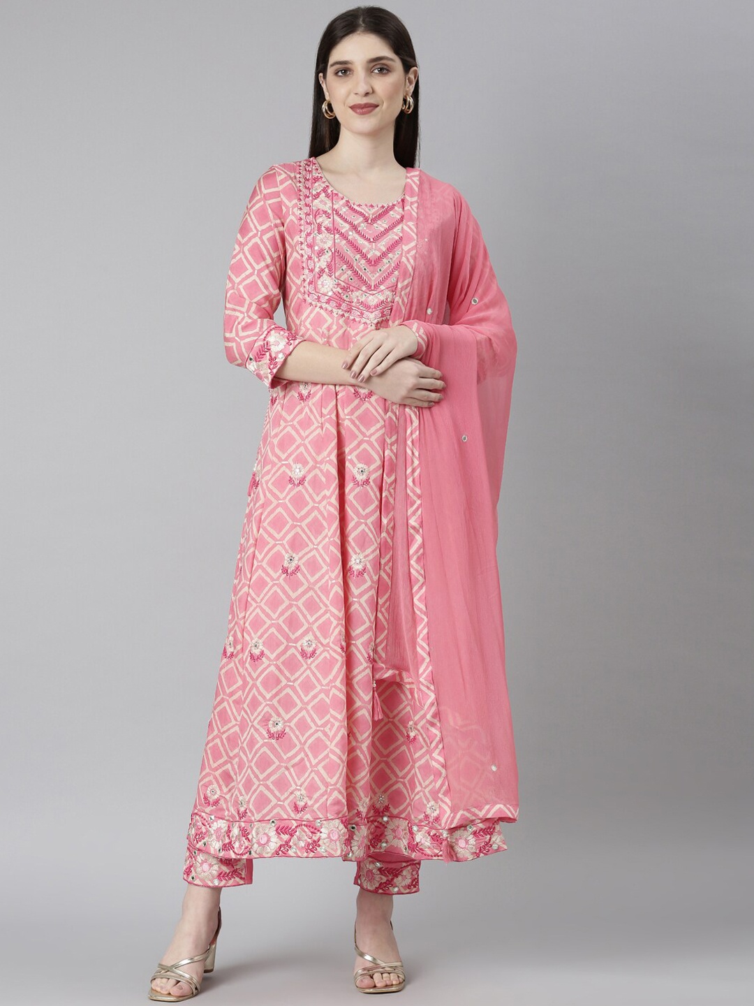 

Neerus Geometric Printed Thead Work A-Line Kurta with Trouser & Dupatta, Pink