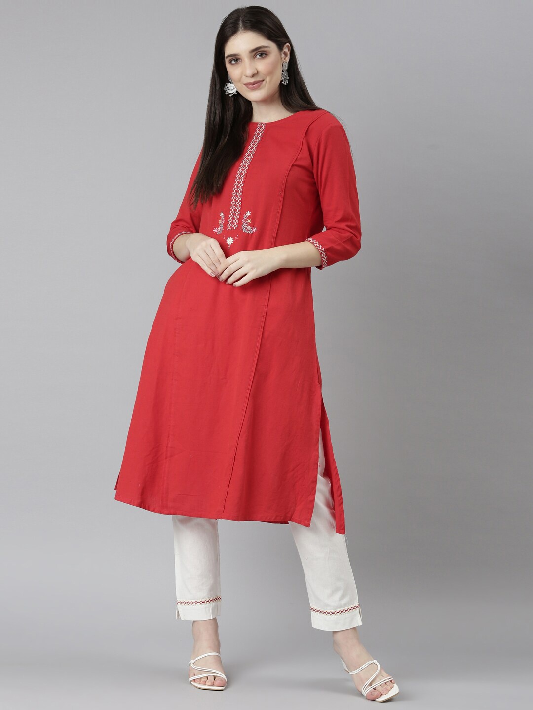 

Neerus Floral Yoke Design Thread Work A-Line Kurta with Trouser, Red