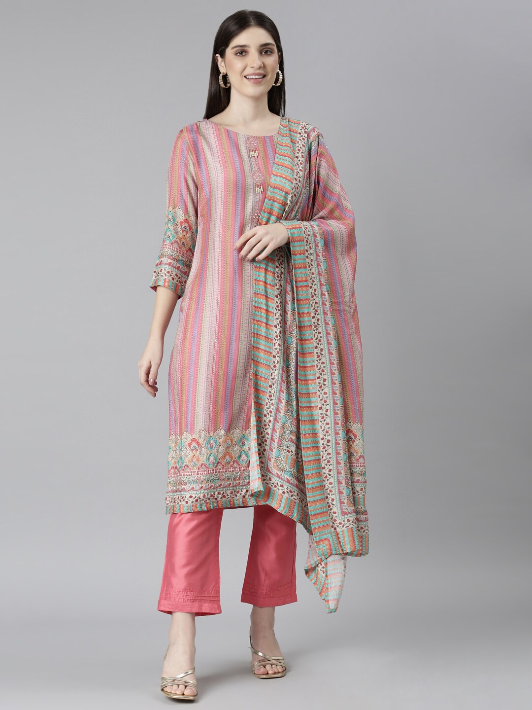 

Neerus Striped Straight Kurta With Trousers & Dupatta, Pink