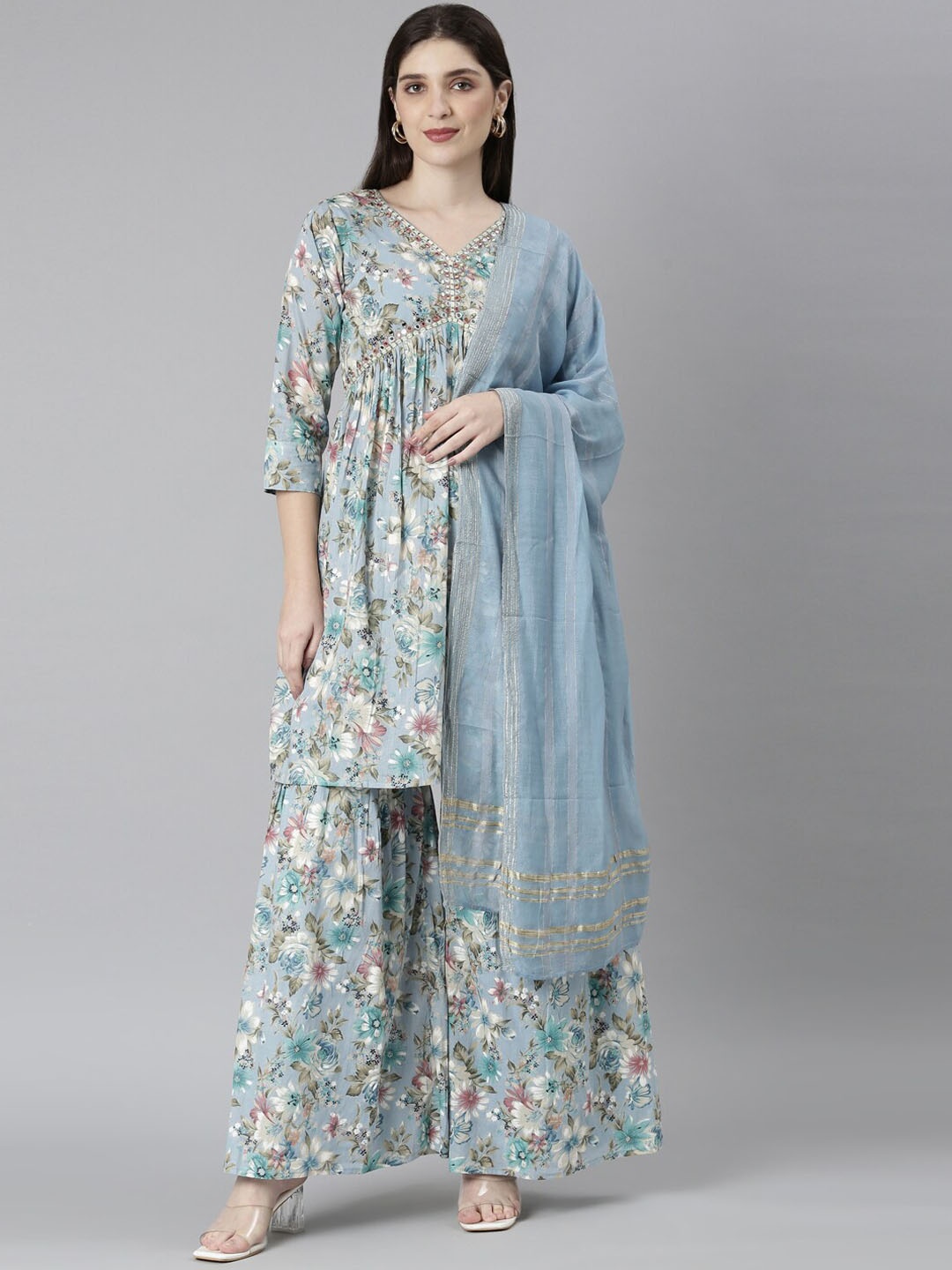 

Neerus Floral Printed Mirror Work Empire Kurta With Palazzos & Dupatta, Blue
