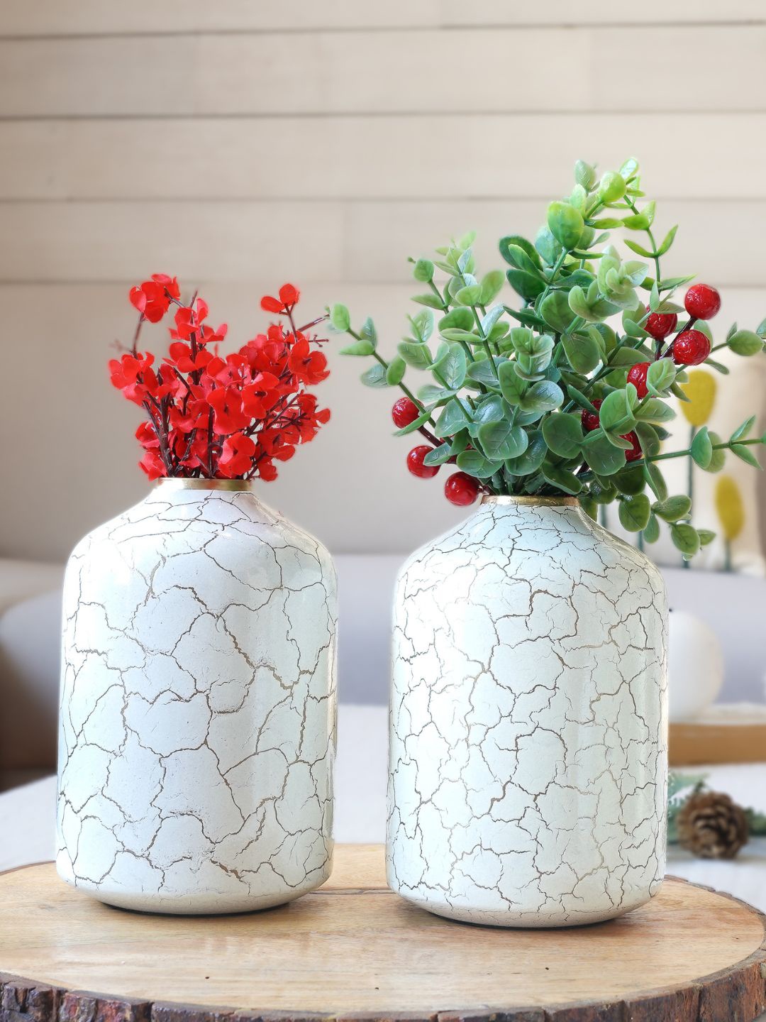 

BEHOMA Set Of 2 Crackled Off White Metal Bud Shape Flower Vase