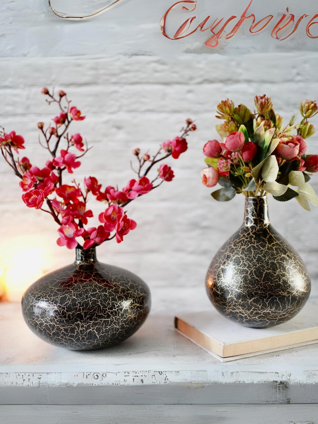 

BEHOMA Set of 2 Metal Crackled Black Tall And Wide Flower Vase