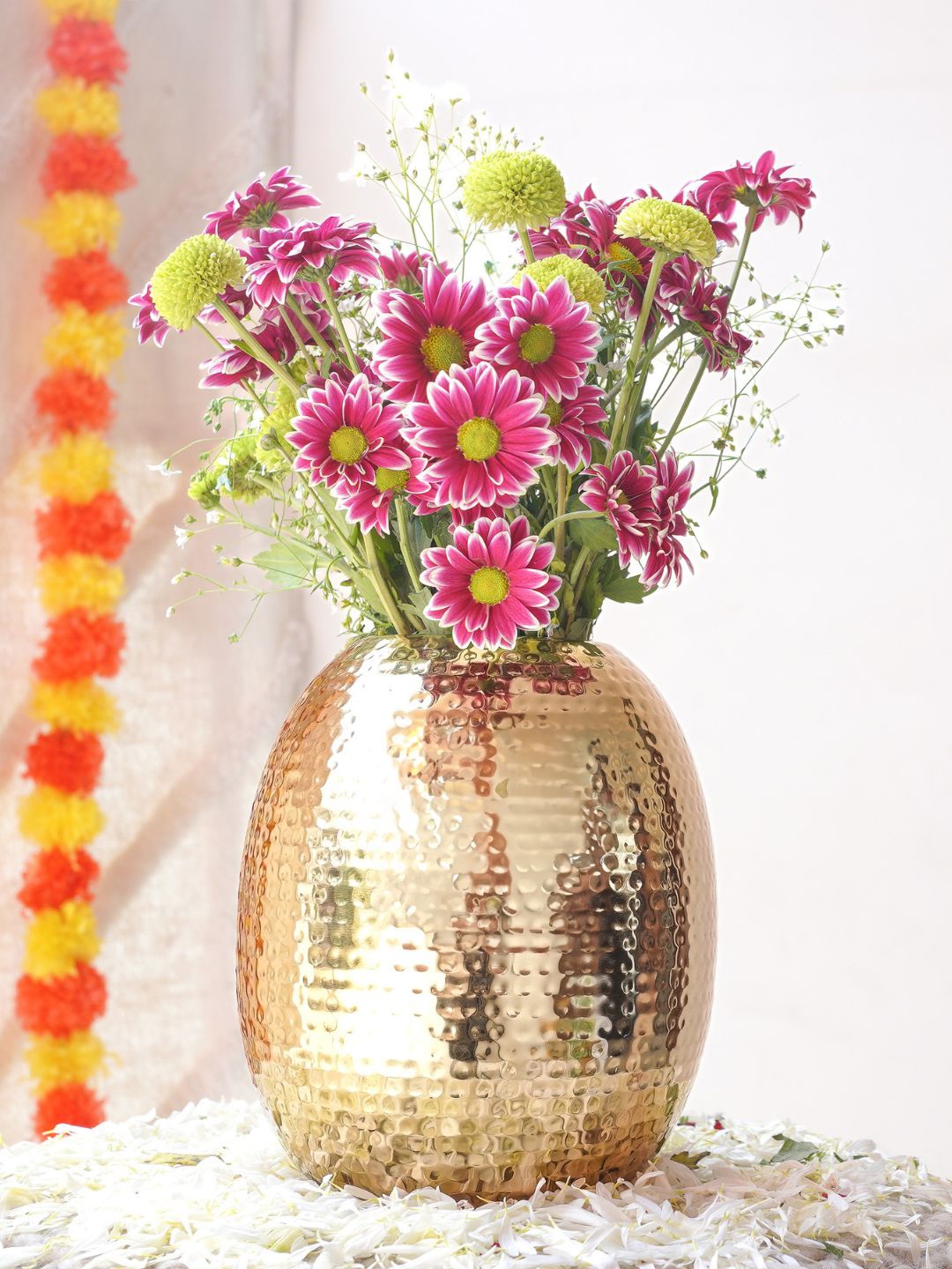 

BEHOMA Golden Hammered Metal Oval Shape Flower Vase, Gold