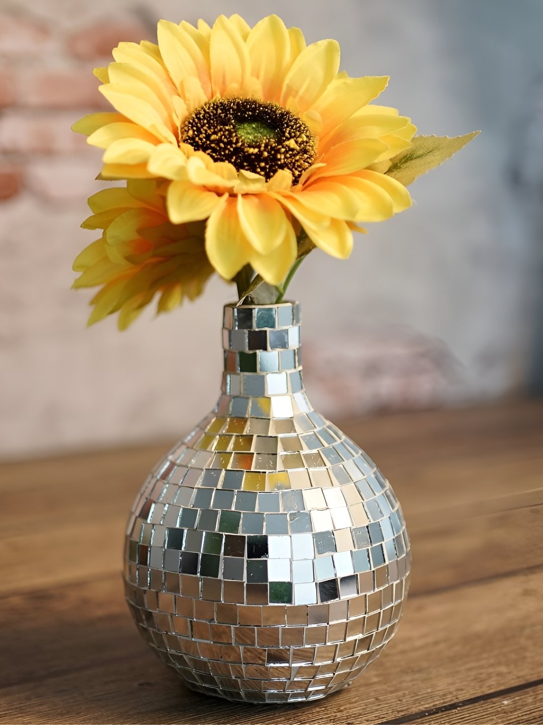 

BEHOMA Disco Ball Glass Mosaic Flower Vase, Silver