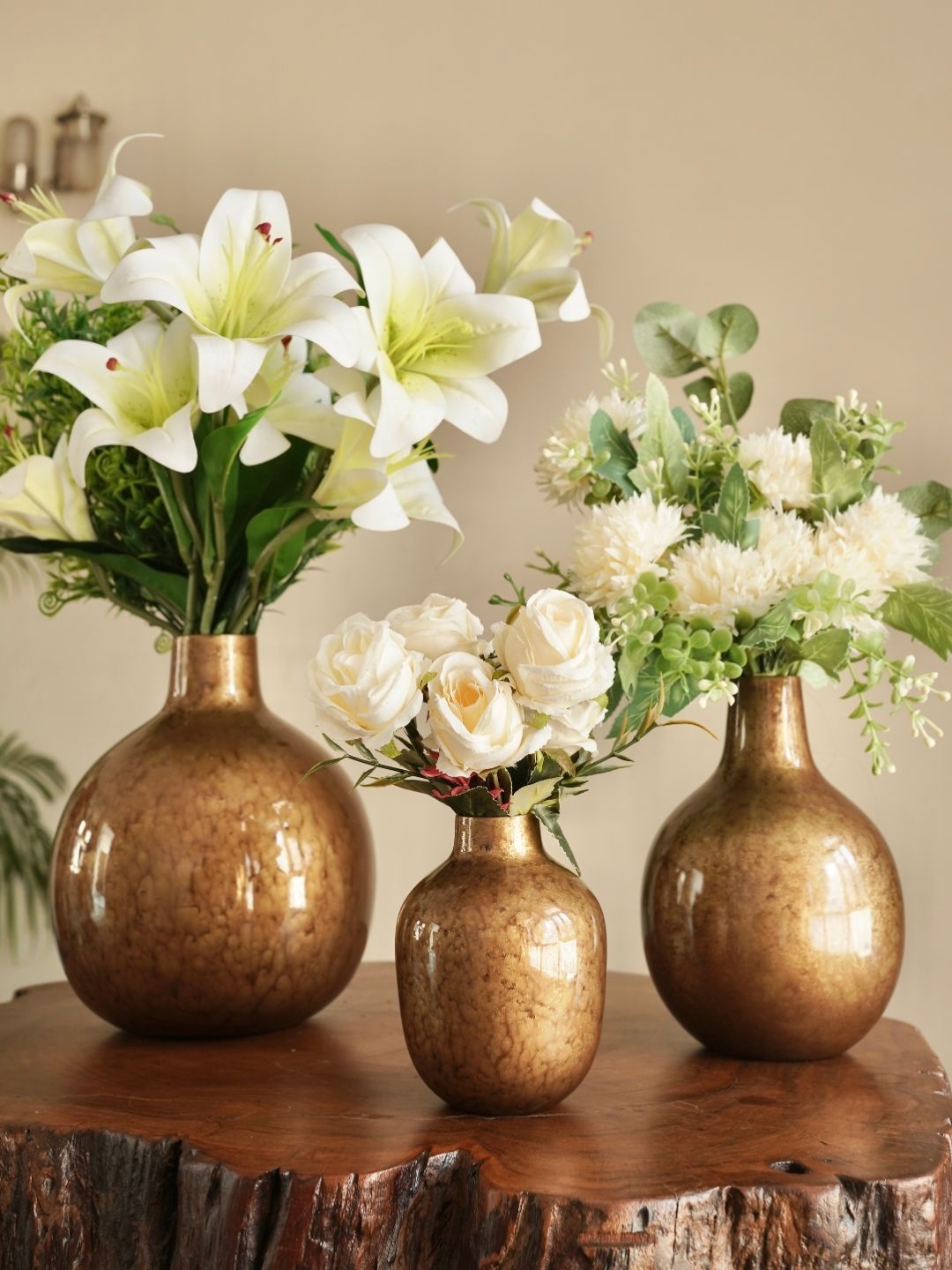 

BEHOMA Yellow 3 Pieces Antique Bud Shape Metal Vases, Gold