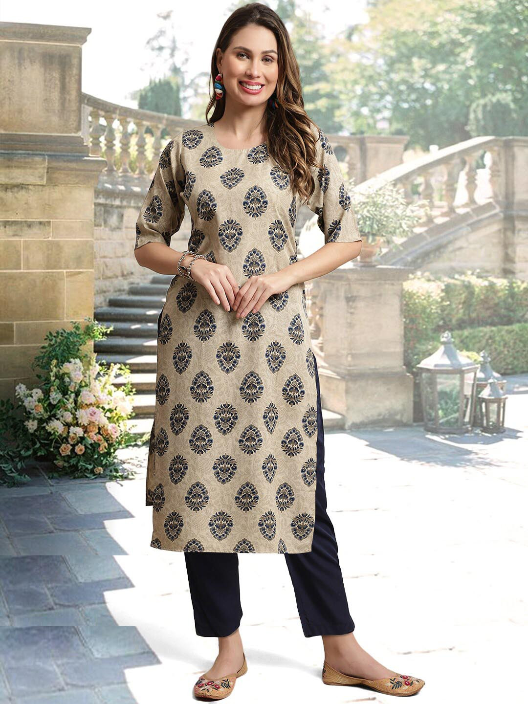 

arangya Ethnic Motifs Printed Regular Kurta with Trousers, Beige