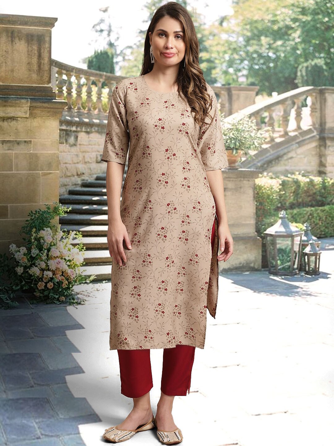 

arangya Ethnic Motifs Printed Kurta With Trousers, Beige