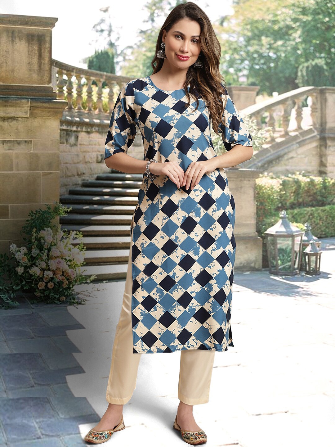 

arangya Geometric Printed Regular Kurta with Trousers, Beige