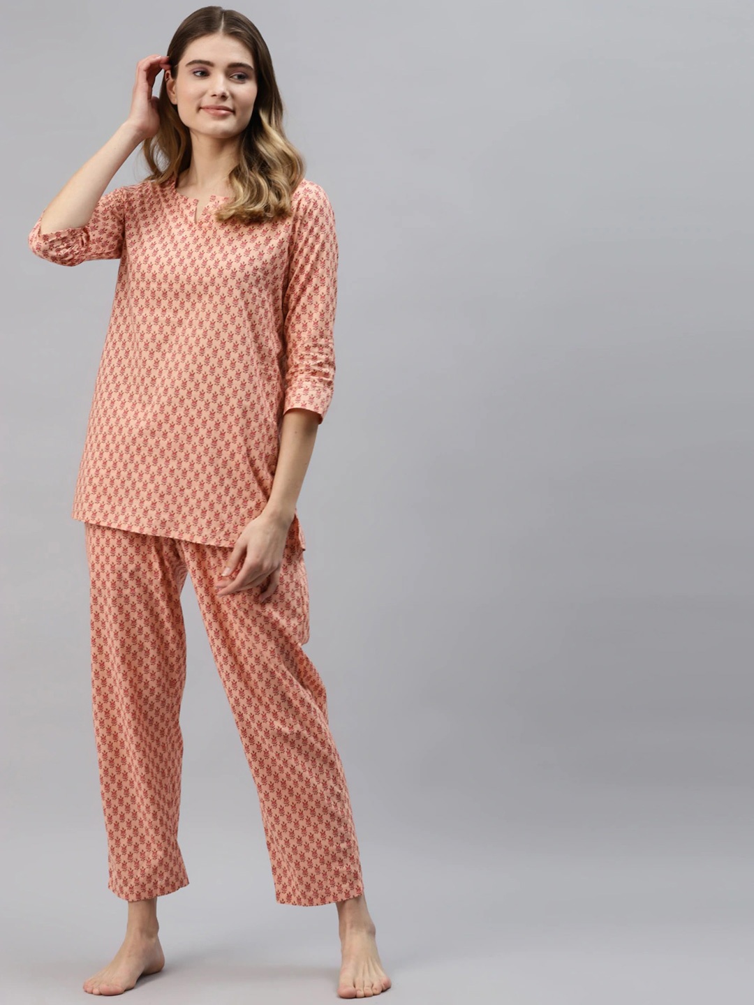 

KALINI Conversational Printed Round Neck Pure Cotton Night suit, Peach