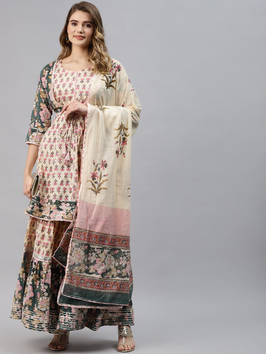 

KALINI Floral Printed Empire Gotta Patti Pure Cotton Kurti With Sharara & Dupatta, Cream